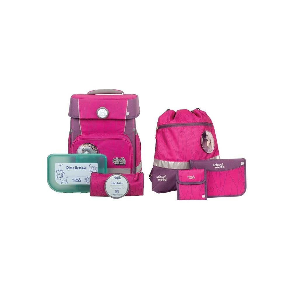 SCHOOL-MOOD® Schulrucksack Champion (Set, 7-tlg., mit Turnbeutel, Etui, Schlamperrolle, Brustbeutel, Brotdose, Patchies), 21 Liter, für Grundschule