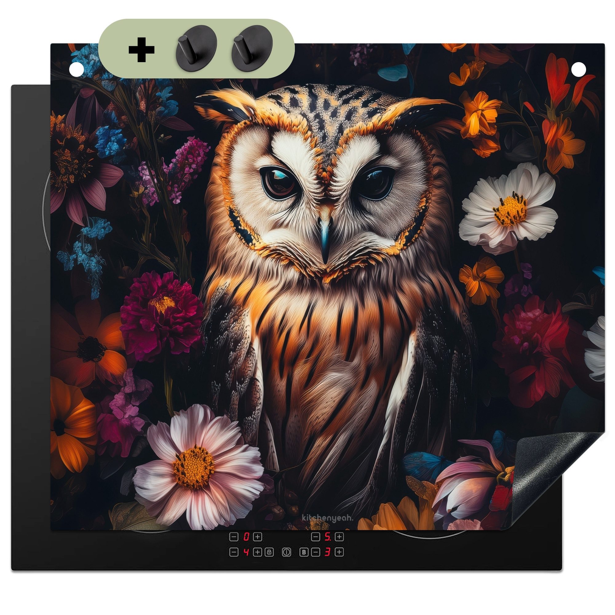 KitchenYeah Küchenrückwand Eule - Blumen - Farbenfroh - Natur, (1-tlg), Ceranfeldabdeckung Küche, Herdabdeckplatte Einteilig, 59x51 cm