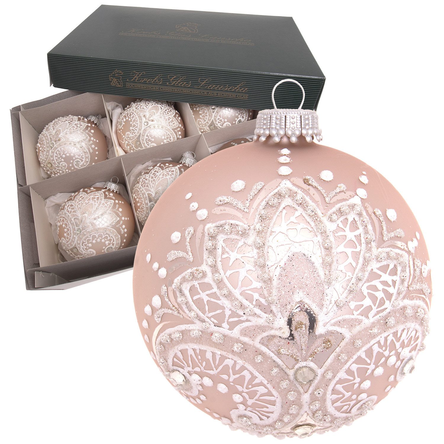 Krebs Glas Lauscha Weihnachtsbaumkugel 6er Set - Pink mit weißer Stichoptik - aus Glas gefertigt - ca. 8cm, elegante Dekoration für Baum oder Strauch - glitzernde, edle Festdeko