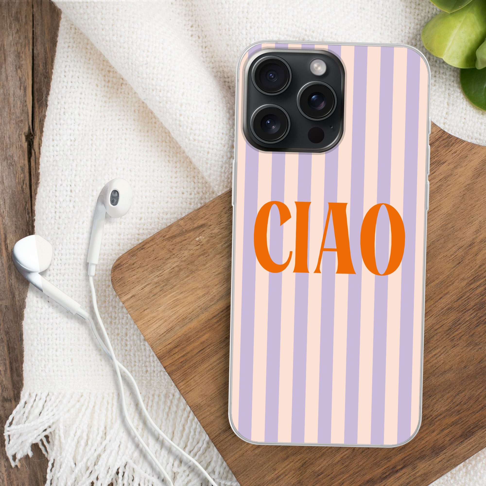MuchoWow Handyhülle für Apple iPhone 15 Pro Max Ciao - Zitat - Pastell - Streifen, Smartphone-Bumper, Print, Handy Schutzhülle Dünn