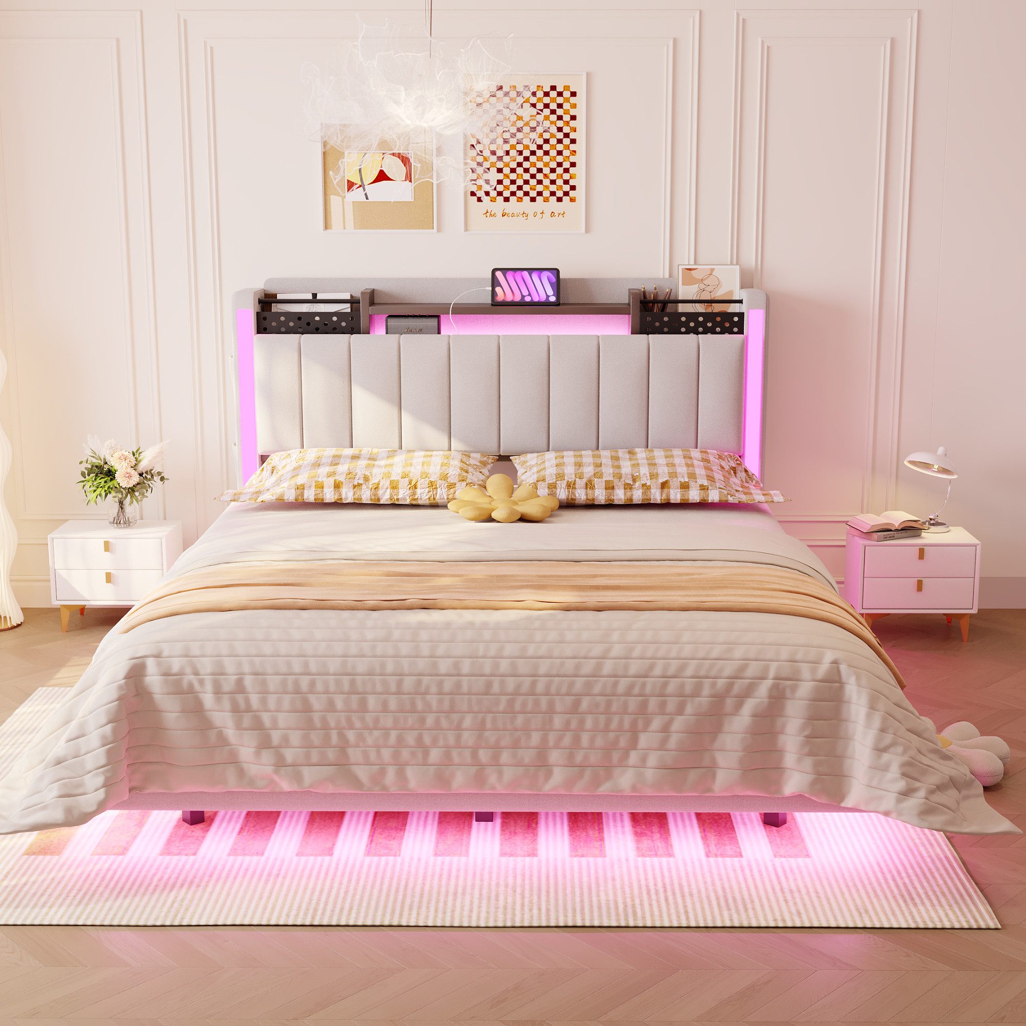 Merax Polsterbett mit LED-Beleuchtung und USB-Ladefunktion (Mehrzweckbett, 1-tlg), Schwebebett Doppelbett 140x200cm mit Kopfteil mit Stauraum,Leinenstoff