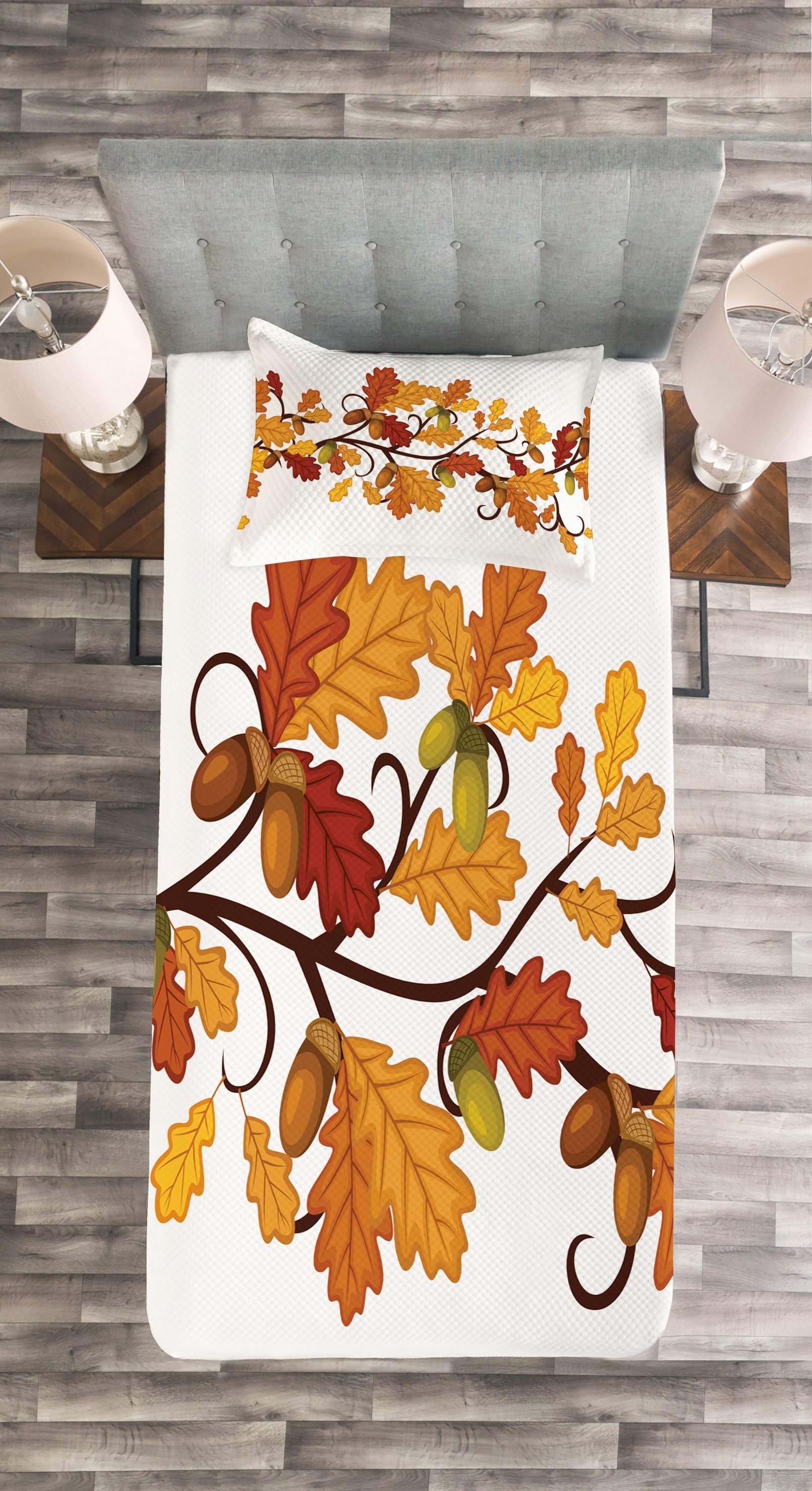 Tagesdecke Set Fallen Kissenbezügen mit Eicheln Waschbar, Abakuhaus, Herbst-Eichen-Blätter und