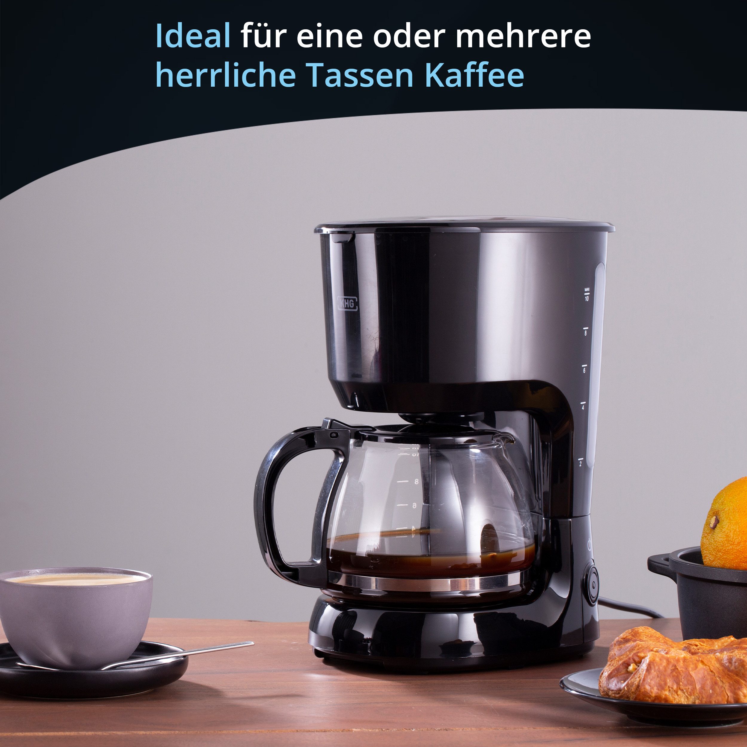 KHG Filterkaffeemaschine KA-128S in schwarz inkl. Glaskanne 1,25 Liter, 10 Tassen, 750 Watt, Permanentfilter, Warmhaltefunktion, Abschaltautomatik & Tropfstopp