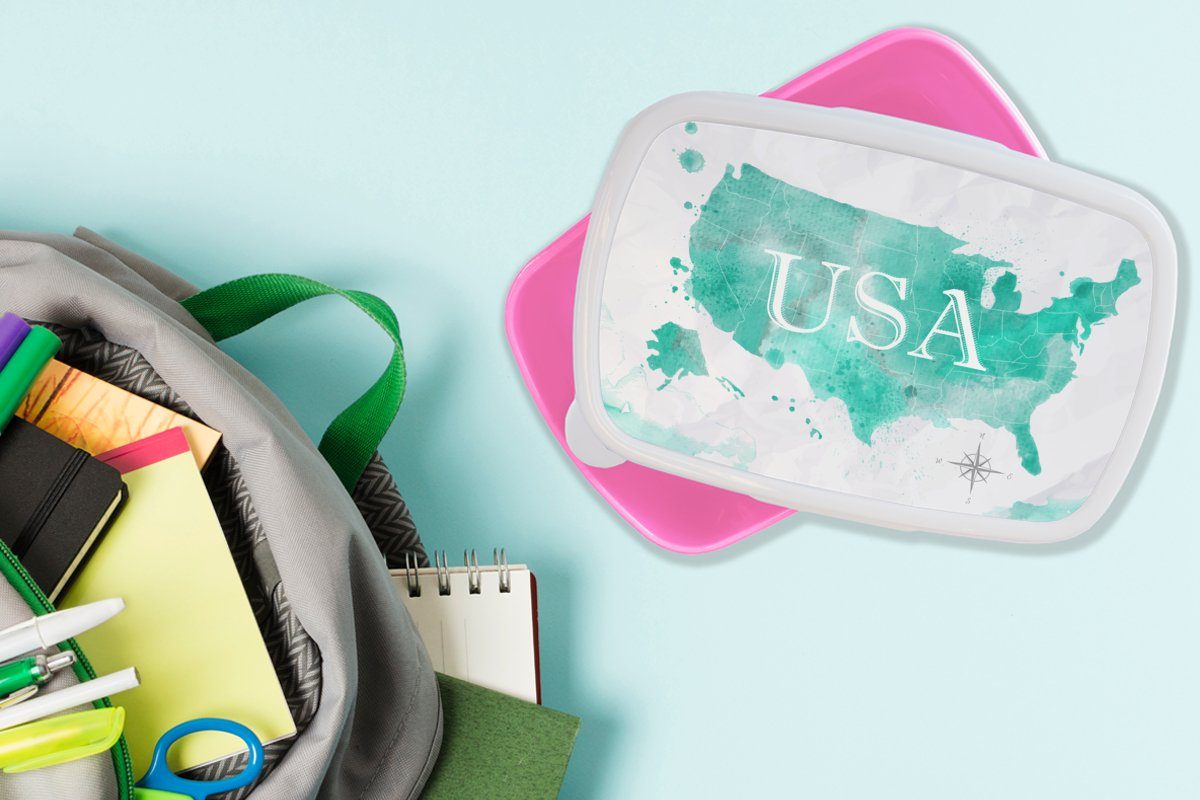 MuchoWow Lunchbox Karte - Vereinigte Aquarell, Kinder, Brotdose Brotbox Snackbox, Kunststoff, Mädchen, - Staaten (2-tlg), rosa für Kunststoff Erwachsene