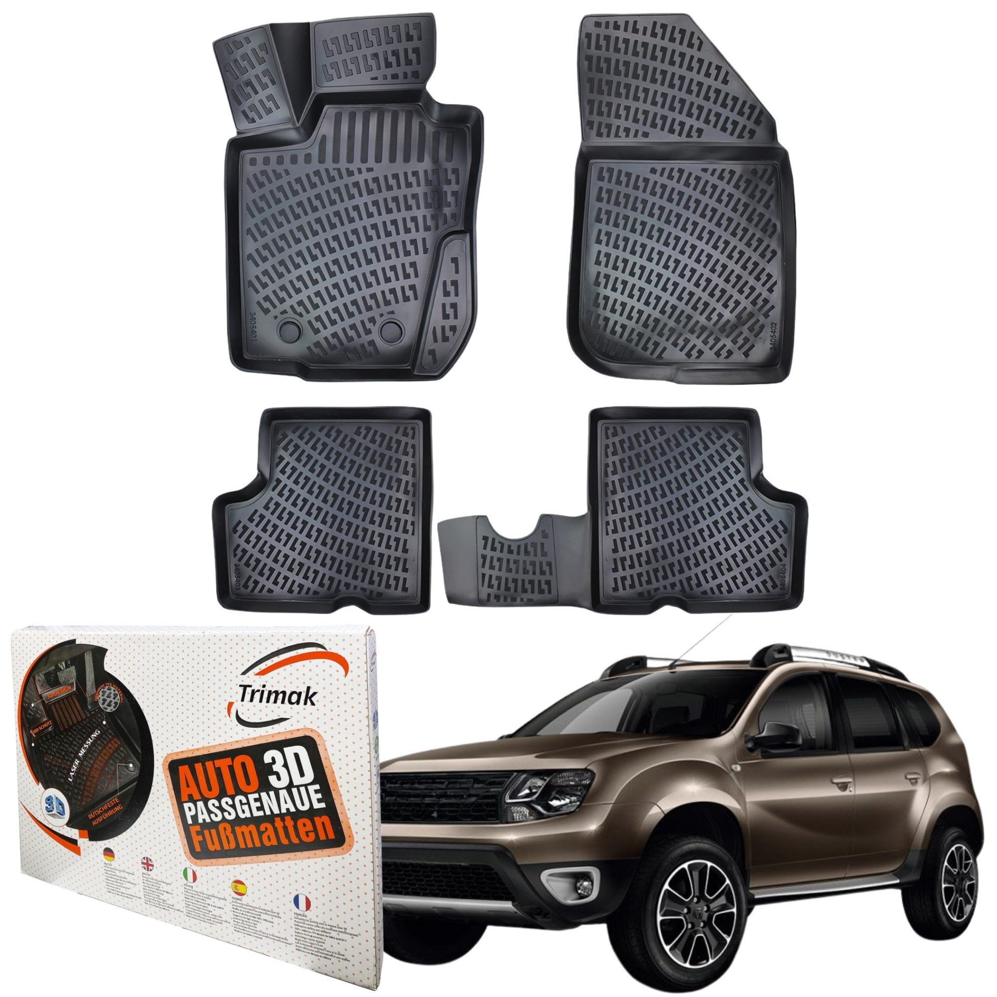 Trimak Passform-Fußmatten Kompatibel mit Dacia Duster 4x4 1 Gen 2009-2018 3D Auto Gummimatten
