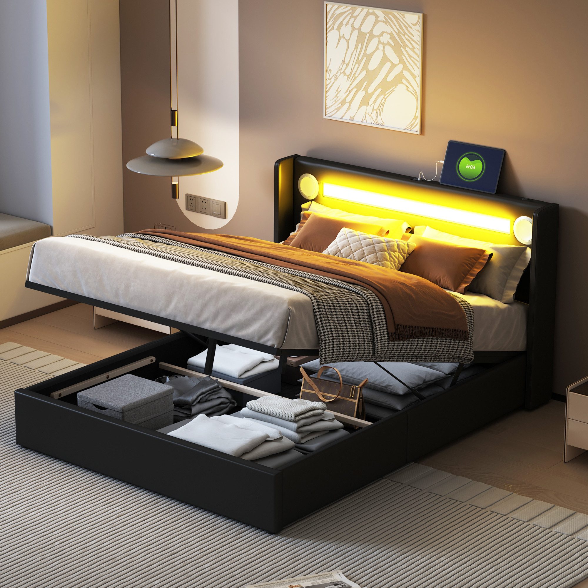 MODFU Polsterbett mit großem Stauraum (Stauraumbett mit LED-Lichtleiste & Bluetooth-Player, Kunstleder 140x200 cm), ohne Matratze
