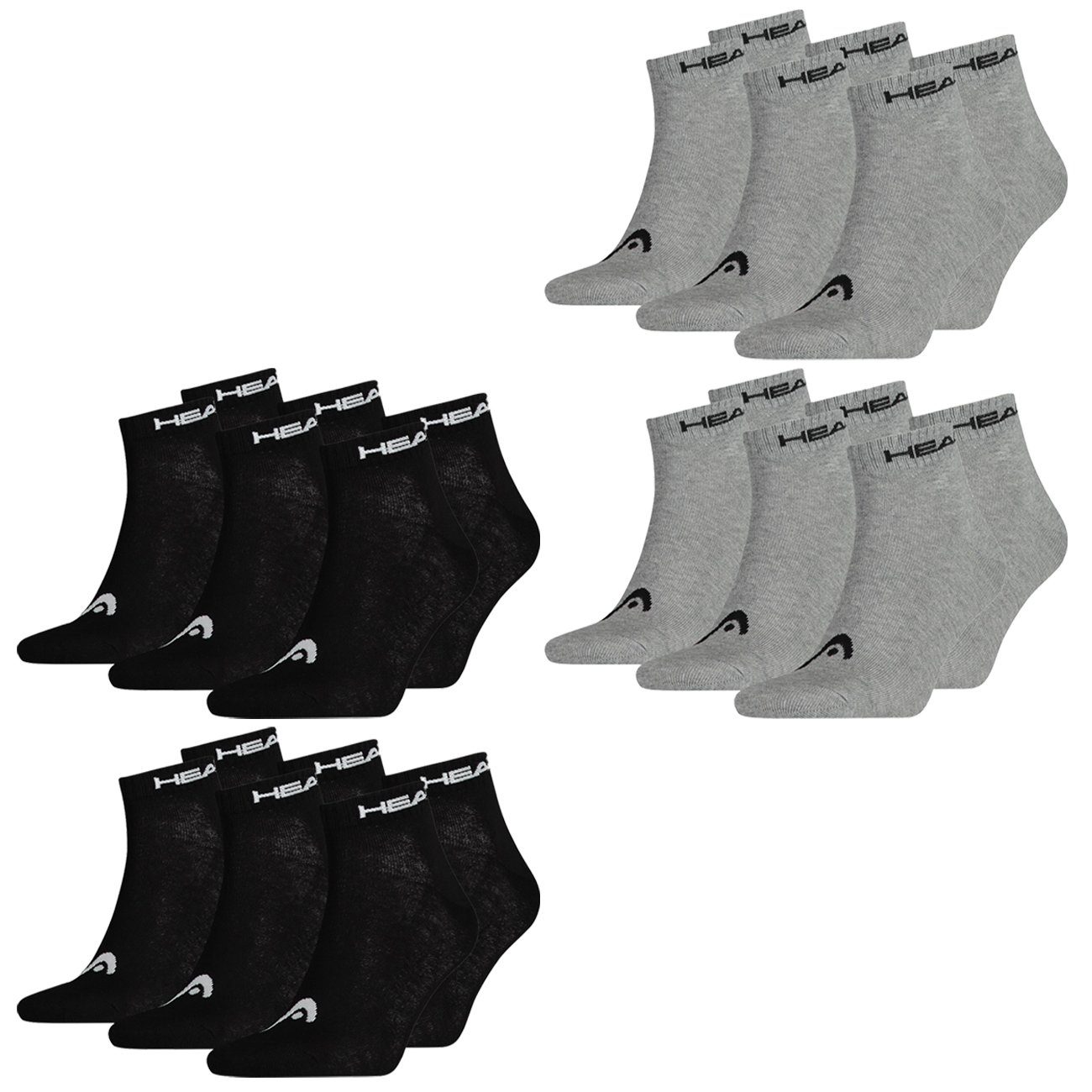 Head Kurzsocken Quarter Unisex 6er Pack (12-Paar) mit Logoripbund 6 Paar Black (200) & 6 Paar Grey (400)