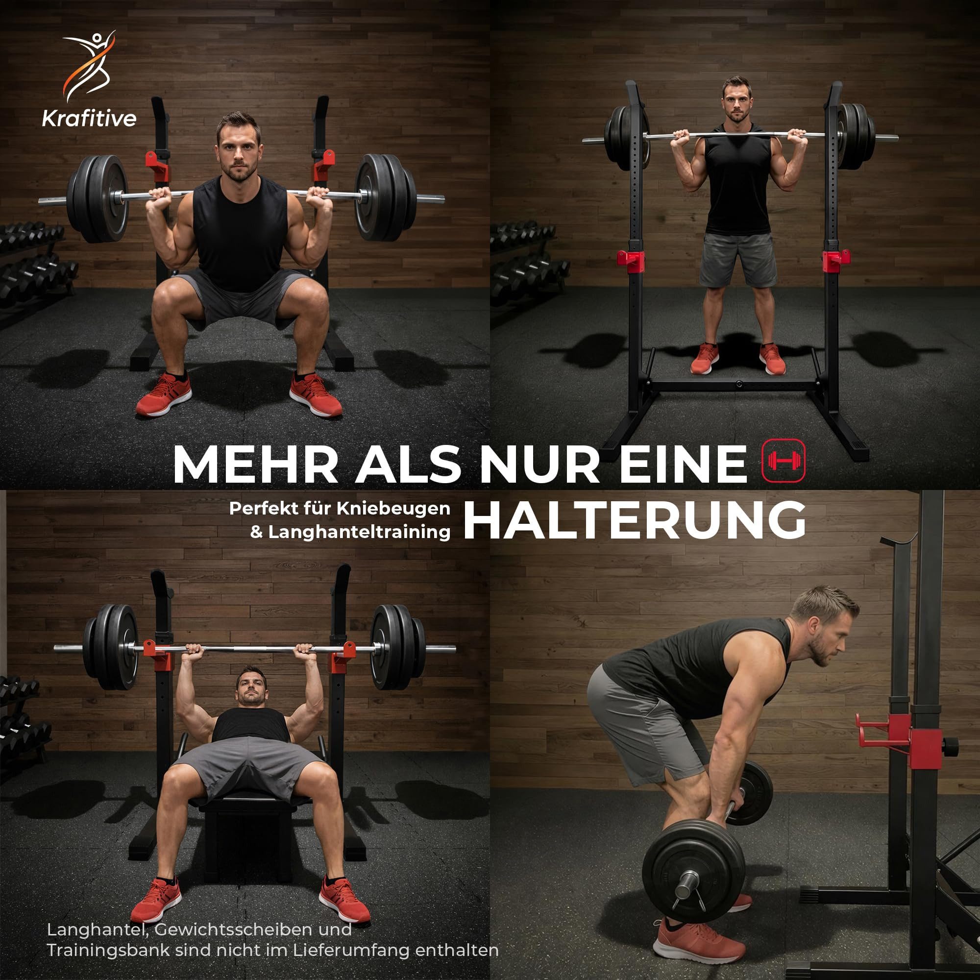 Krafitive Langhantelständer Hantelständer Höhenverstellbar, Home Gym Kniebeugenständer, Bis 200kg belastbar, 16-stufig verstellbar inkl. Safety-Spotter.