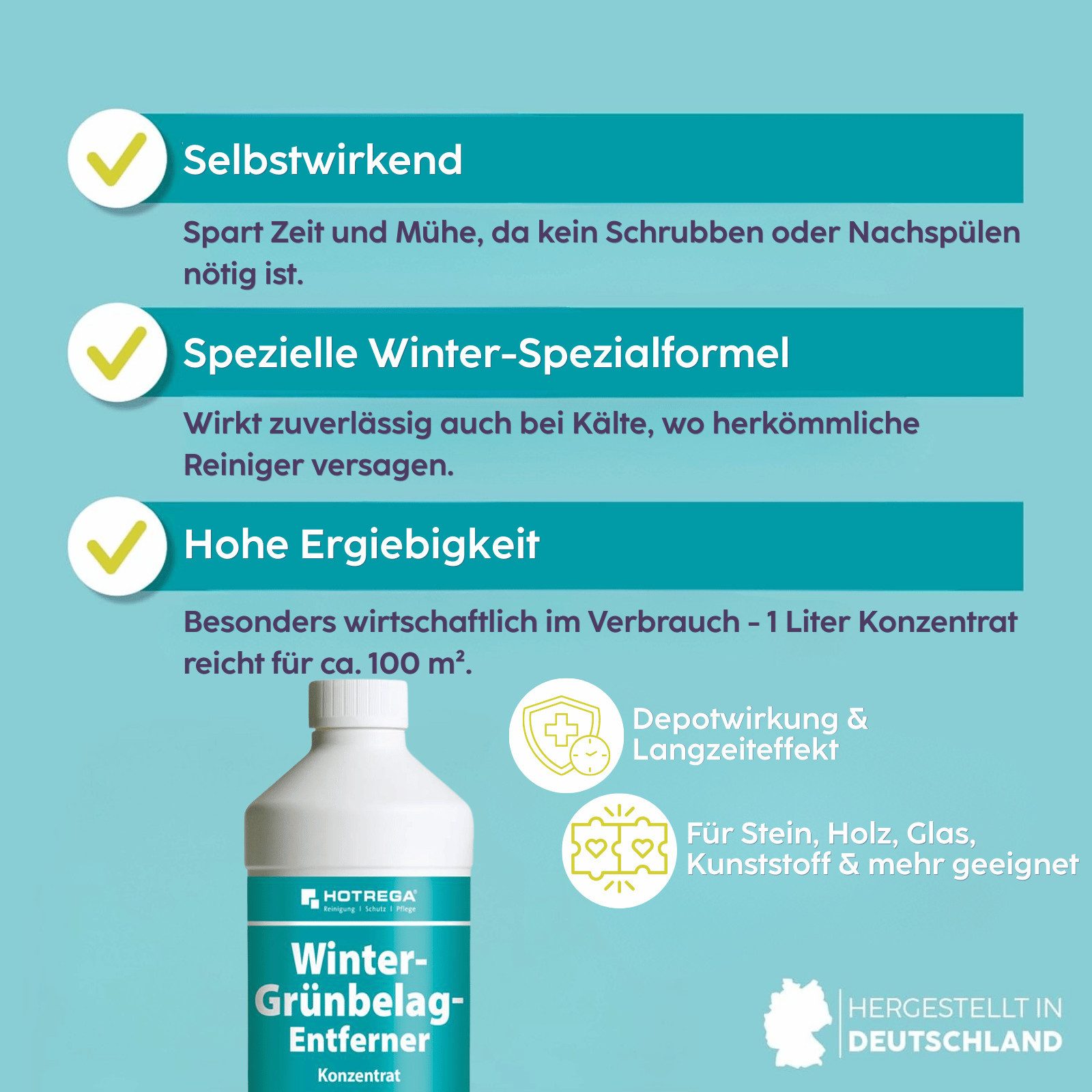 HOTREGA® Grünbelagentferner Winter 1:10 Super-Konzentrat 1L, Wirkt bei Kälte Grünbelagentferner