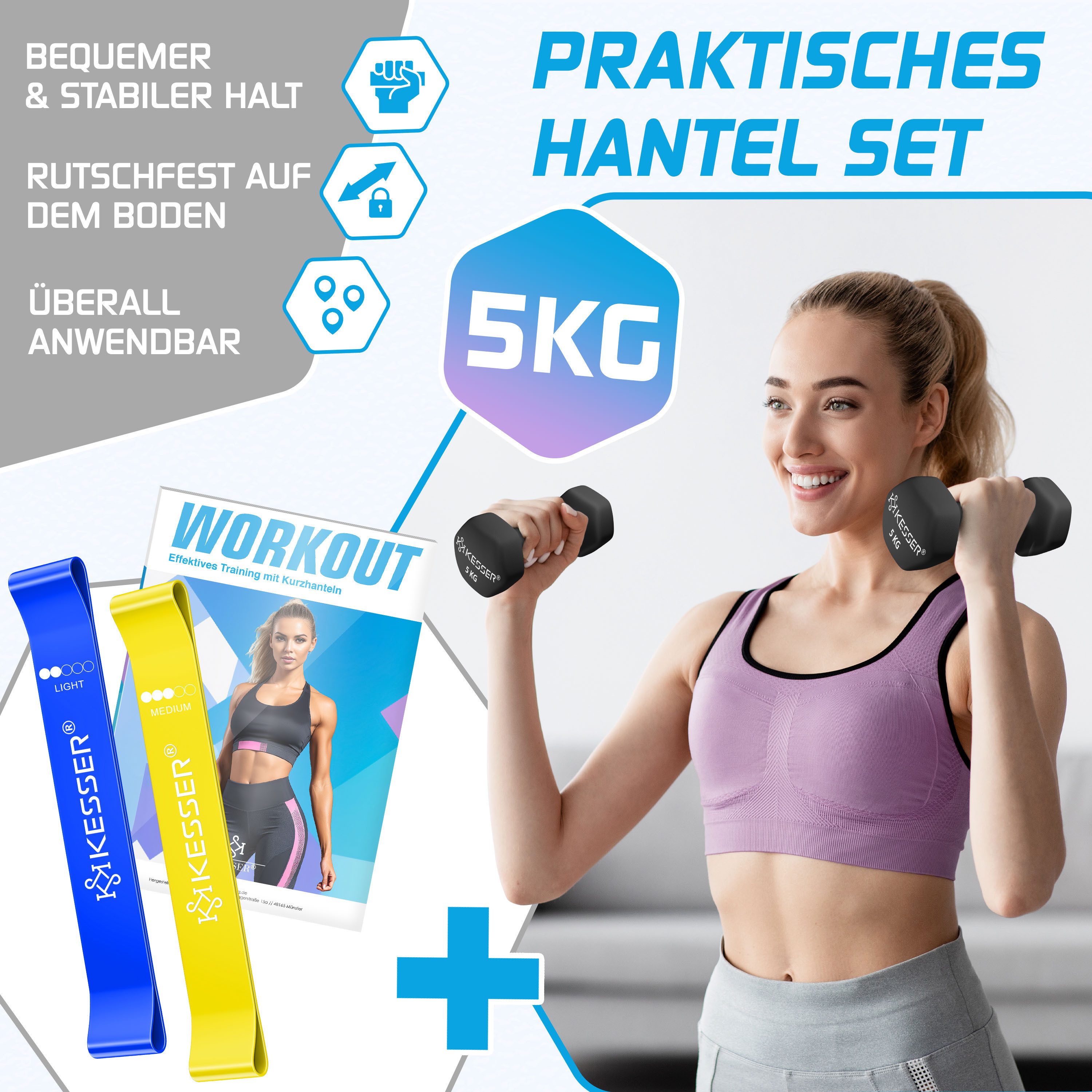 KESSER Hantel-Set, (2 x 5 kg), Kurzhantel Gymnastikhanteln 2er Set mit Übungsheft, 2x Fitnessbänder