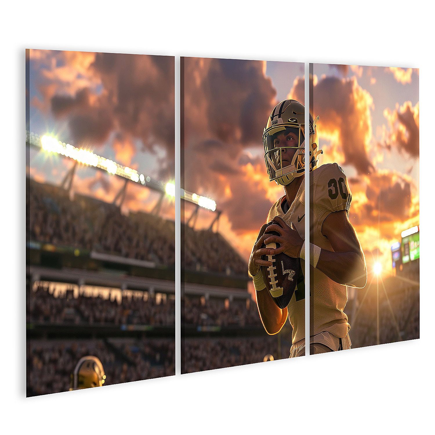 islandburner Leinwandbild, Footballspieler im Sonnenuntergangsstadium