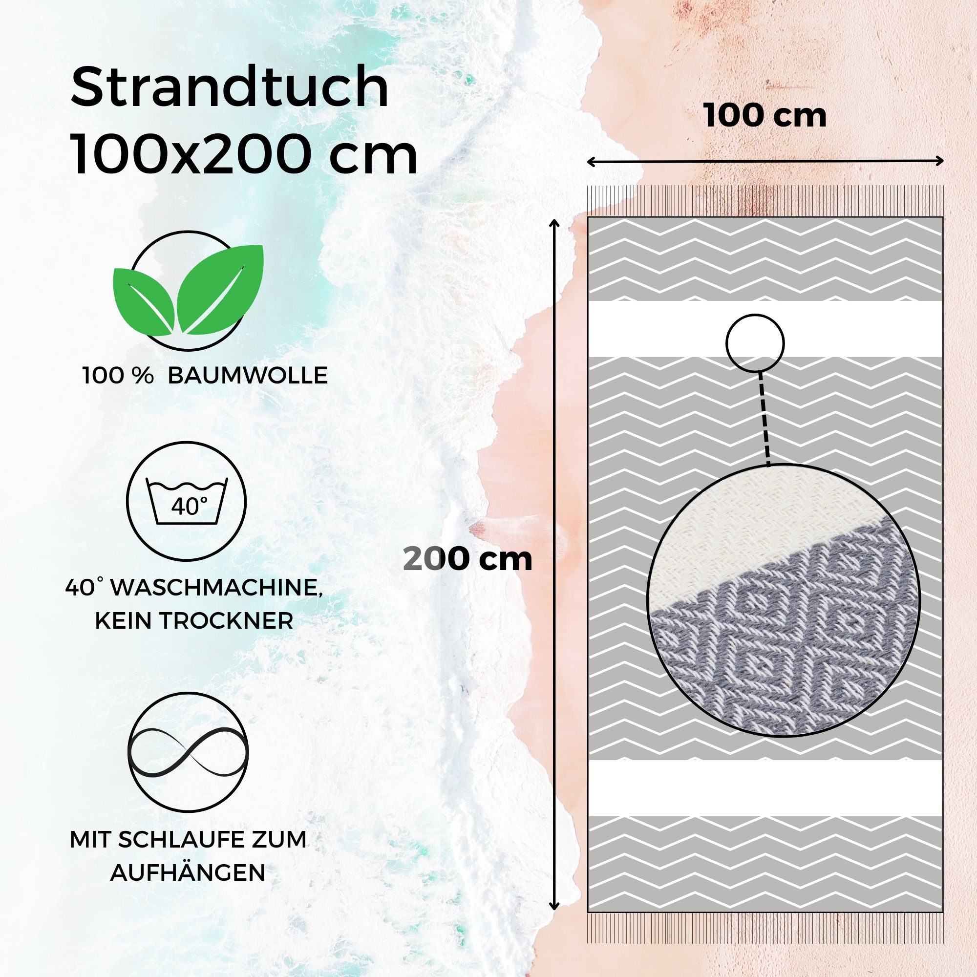 furora HOLIDAY Strandtuch groß 100x200 cm Strand Tuch, aus Baumwolle, Hamamtuch Badetuch, leicht, lang, dünn & kompakt – Bild 3 von 5
