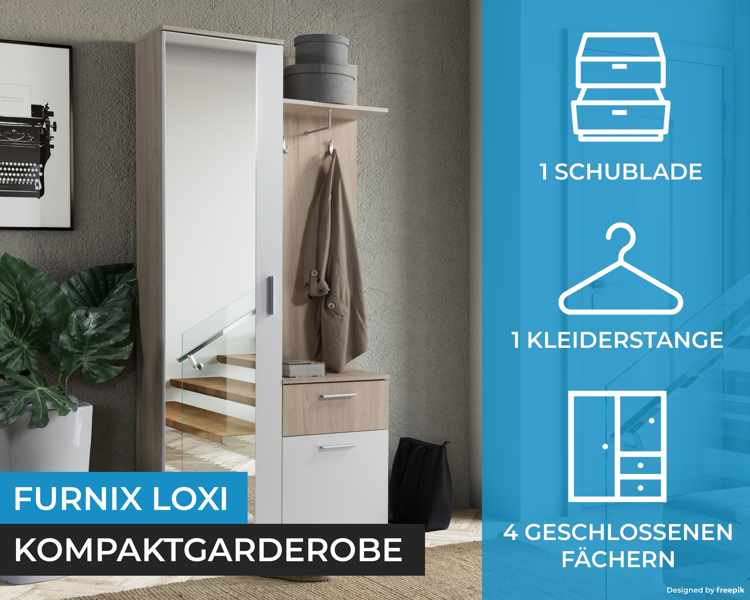 Furnix Kompaktgarderobe LOXI Garderobe platzsparend mit Schrank, Schuhschrank, Hutablage Schublade, Spiegel, Sonoma/Weiß multifunktional