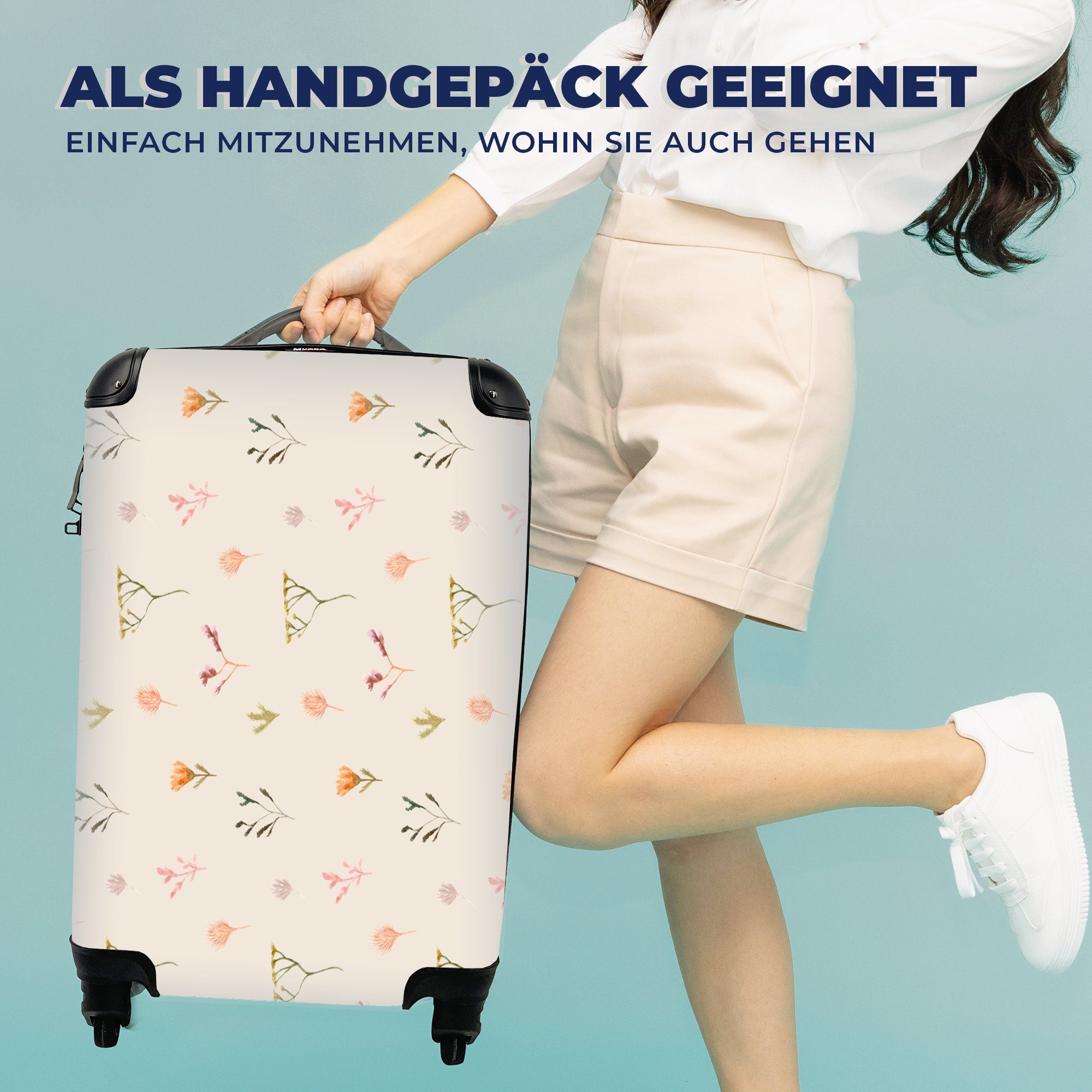 - MuchoWow Pflanzen, Ferien, mit Rollen, Handgepäck 4 Handgepäckkoffer für rollen, Reisekoffer Muster Trolley, Reisetasche Blumen -