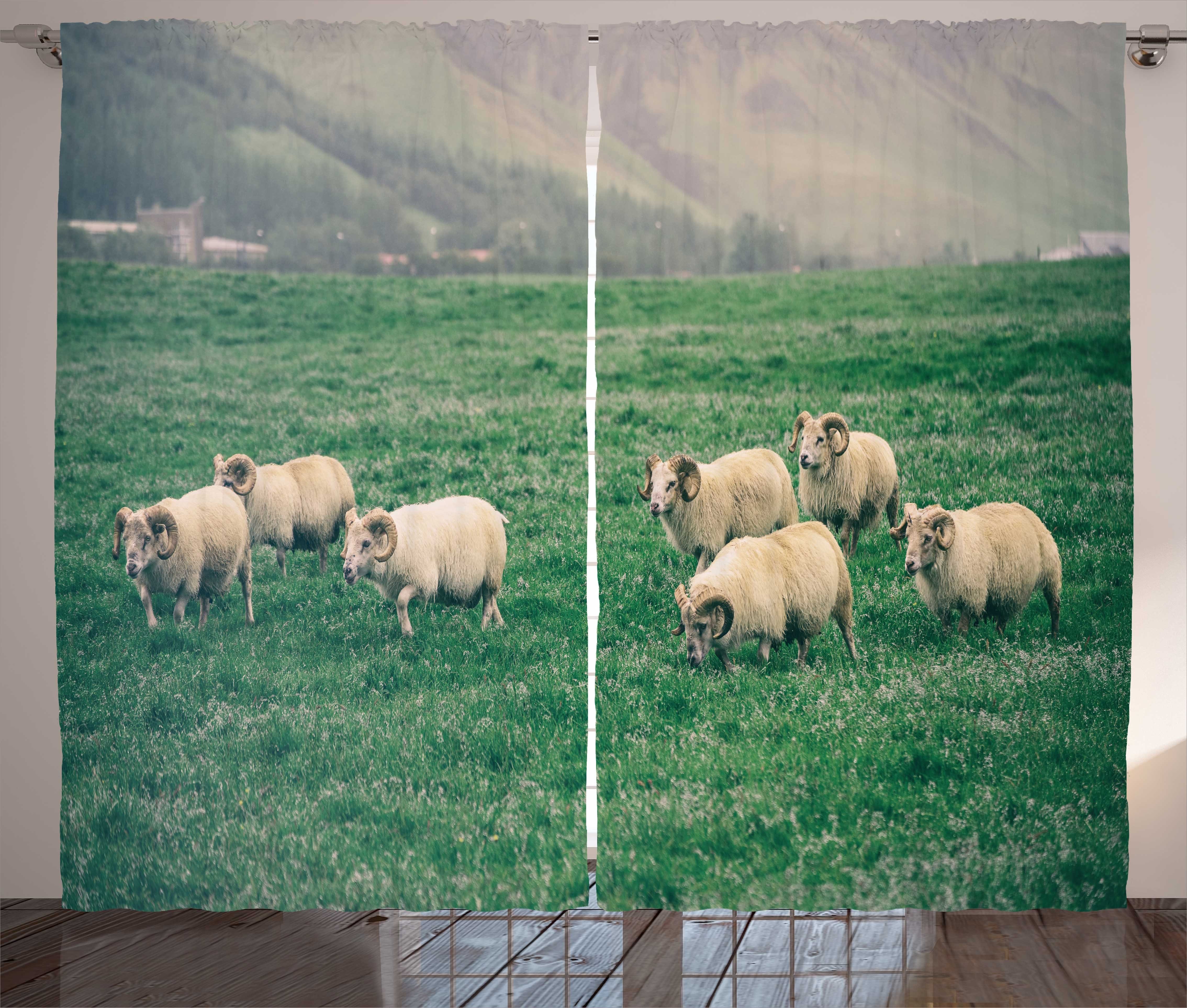 Gras mit Schafe Haken, auf Schlafzimmer Vorhang Abakuhaus, weiden und Kräuselband Gardine Bauernhoftier Schlaufen