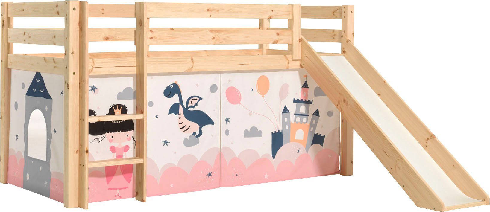 Vipack Spielbett Pino, Kiefer massiv, mit Rolllattenrost u. Textil-Set, Made in Europe (B/H/T ca. 210x114x218cm, mit Absturzschutz, Leiter und Rutsche), verschiedene Textil-Designs und Holzfarben zur Wahl