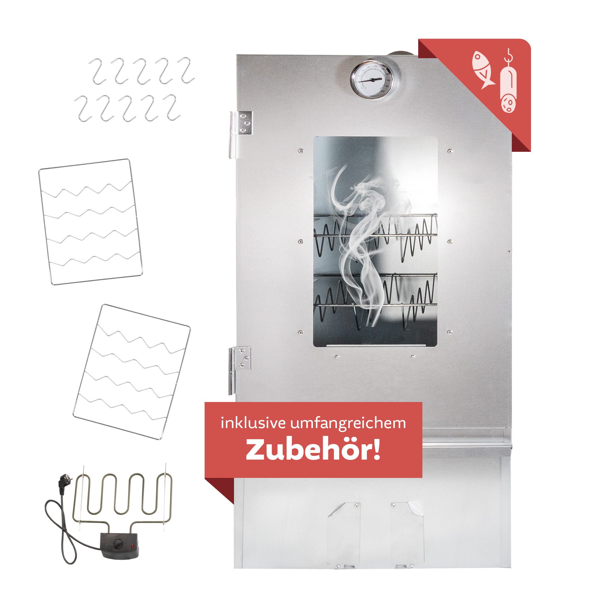 Lemodo Räucherofen Stahl mit 3 Etagen und Heizspirale, 80cm hoch, Räucherschrank, 2000 W, inklusiver Heizspirale 2.000 W