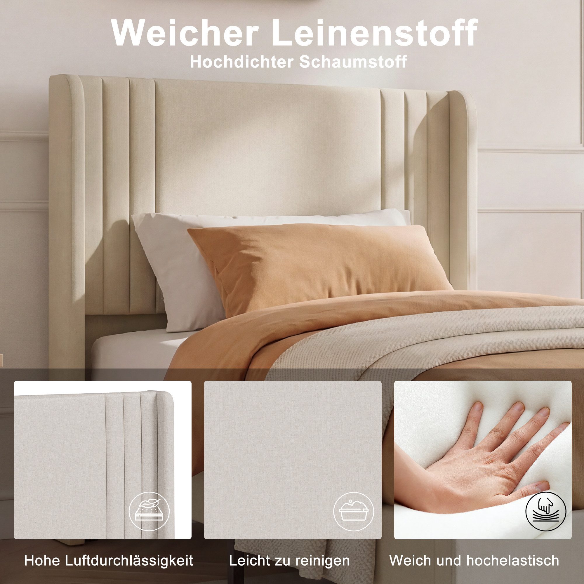 Simurq Einzelbett Polsterbett 90x200 mit Leinenbezug, Einzelbett mit Lattenrost (Gästebett, Lattenrost und 15 cm Bodenfreiheit), Jugendbett Beige oder Grau – Bild 4 von 5