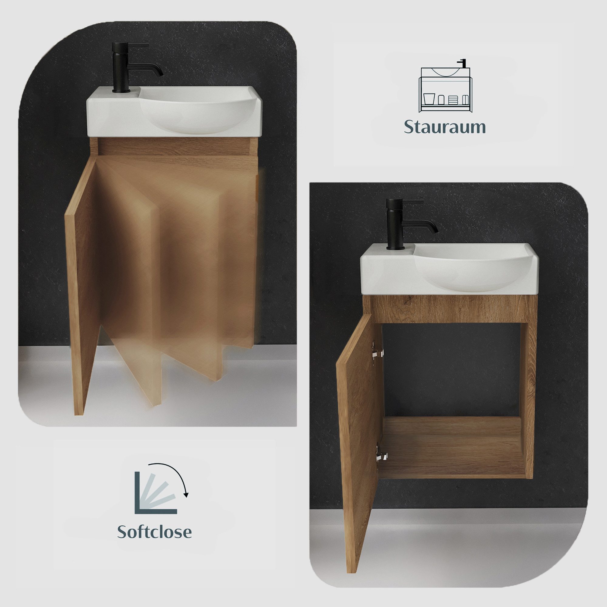 Alpenberger Badmöbel-Set Badschrank in Bamboo Optik mit Keramik Waschbecken, (2-tlg., Badmöbel Set Vormontiert), Eckig ovales Becken mit Überlauf, eintüriger Badschrank mit Softclose