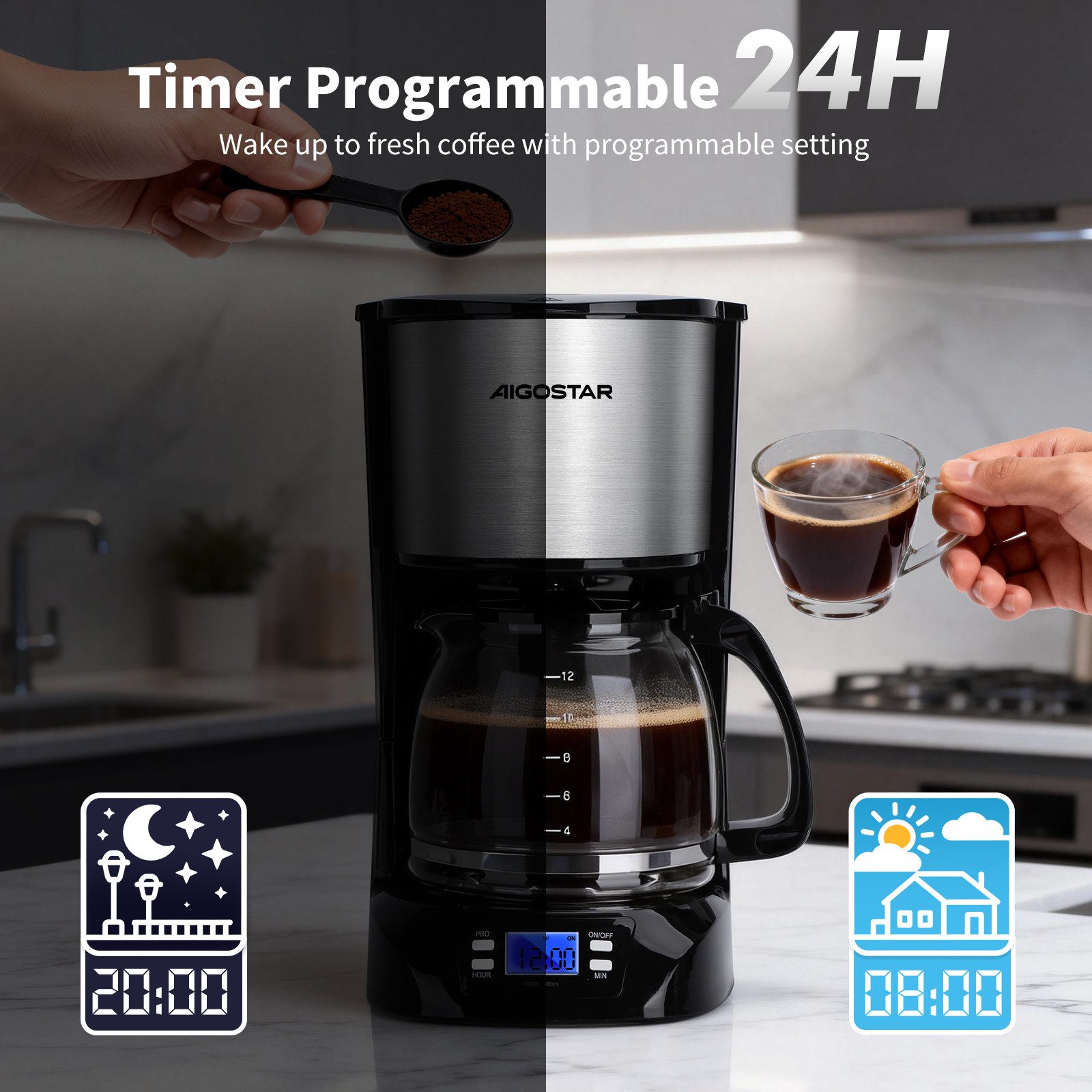 Aigostar Filterkaffeemaschine Digitale FilterKaffeemaschine Edelstahl mit Timer, 1,5L, 800W, 1.5l Kaffeekanne, Korbfilter, Digitale Filterkaffeemaschine mit programmierbarem 24-Stunden-Timer
