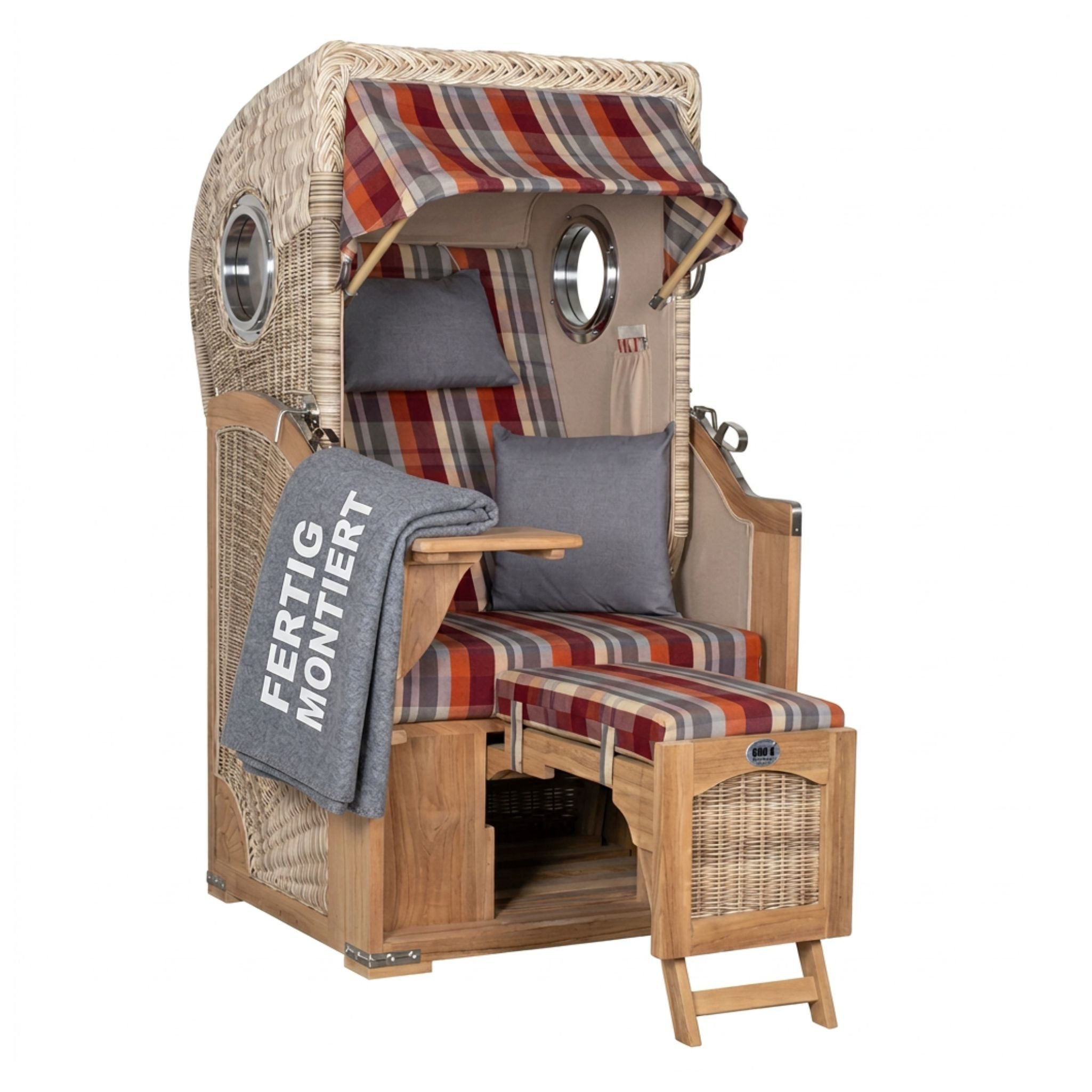 Strandkorb 1-Sitzer Single Teak Shell Volllieger mit Bullaugen
