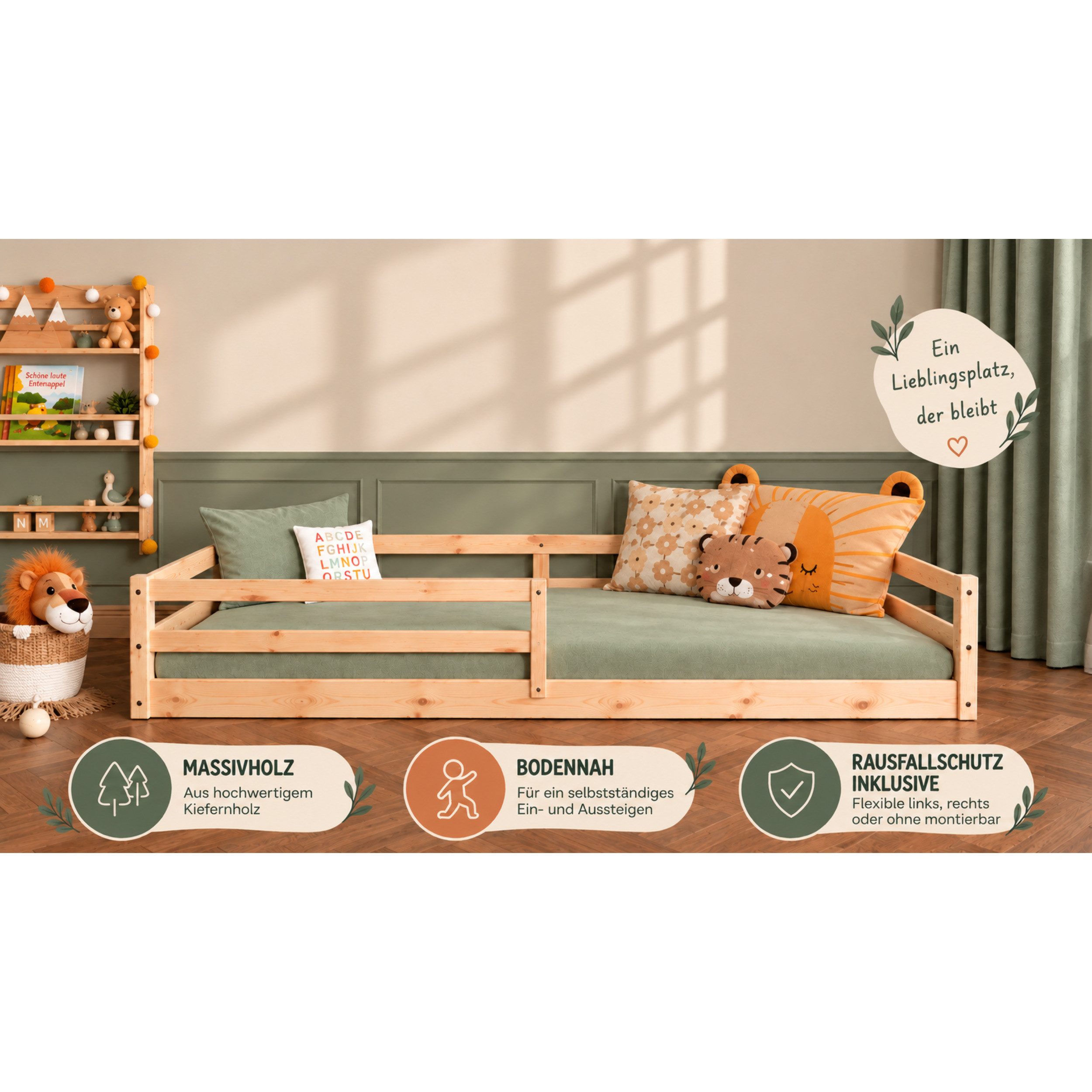 Ticaa Kinderbett Neo Hausbett Bodenbett mit Rausfallschutz 150kg (140x200 aus Kiefer Massivholz), inkl. stabilem Roll-Lattenrost, Natur – Bild 2 von 5