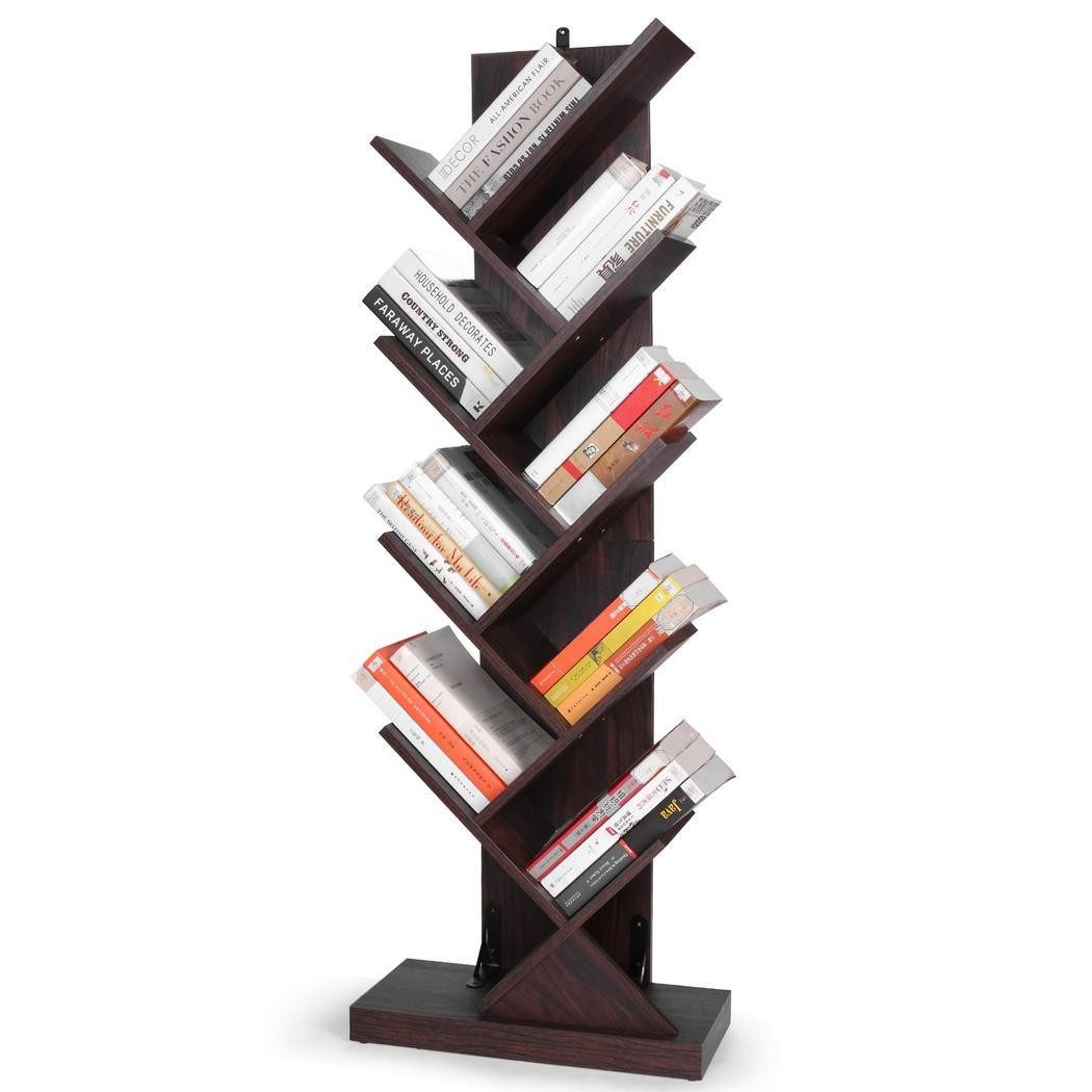 LUCKZON Bücherregal Standregal mit 8 Ebenen, Baumförmiges Bücherregal, DVD Regal, 45 × 22× 118 cm Bücherturm Freistehend, Vintagebraun