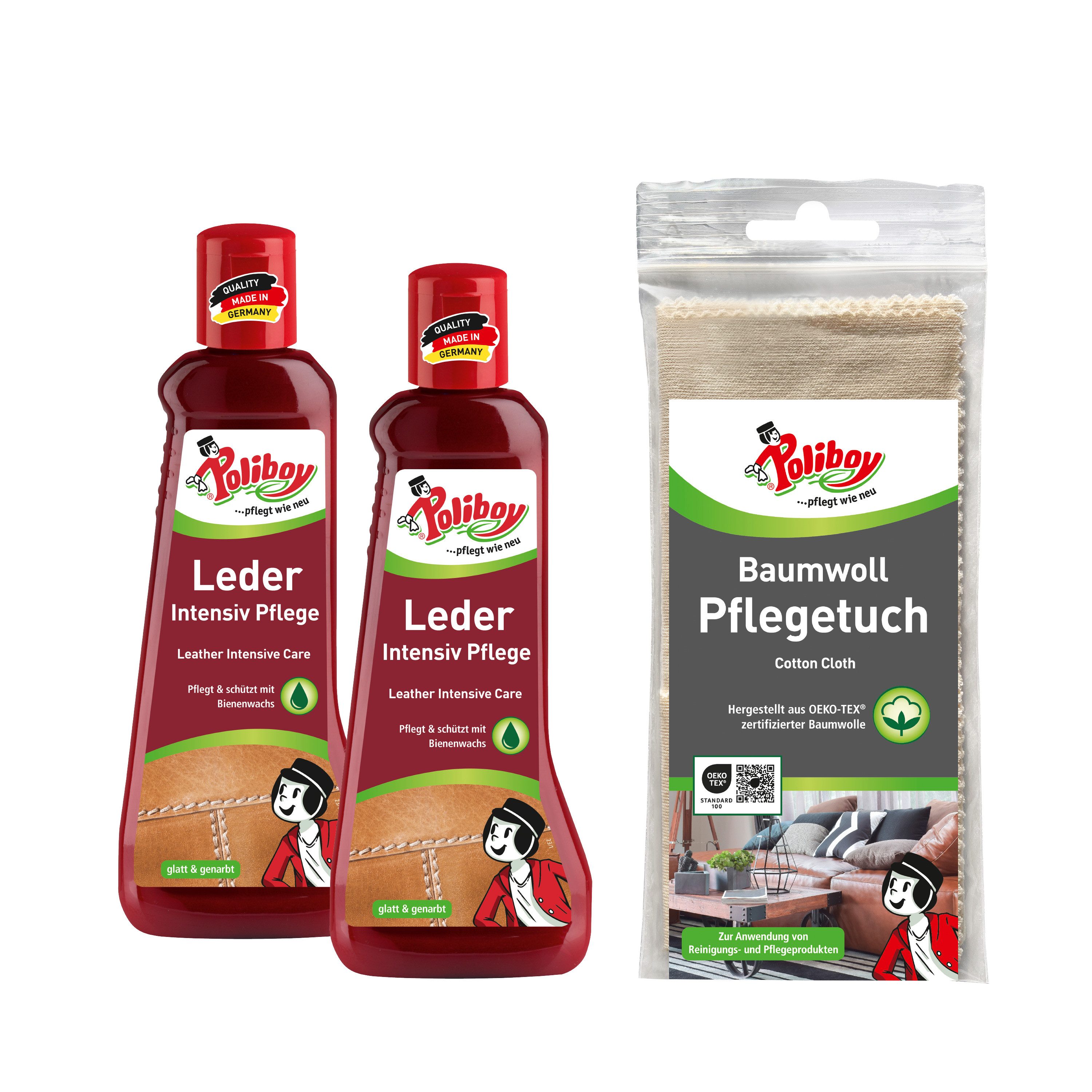 poliboy Leder Intensiv Pflege - reinigt, pflegt und schützt - 2x200ml + Tuch Lederreiniger (für alle glatten und genarbten Leder - Made in Germany)