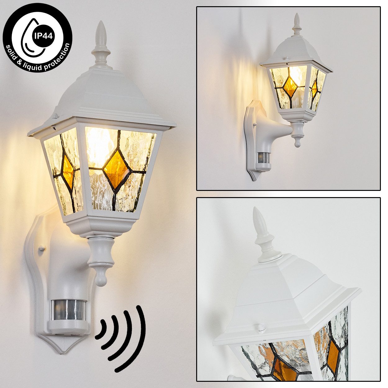 hofstein Außen-Wandleuchte Außenwandlampe mit Bewegungsmelder aus Metall/Glas in Weiß/Klar/Orange, Wandleuchte außen im Vintage/Antik/Landhaus-Design, E27, IP44