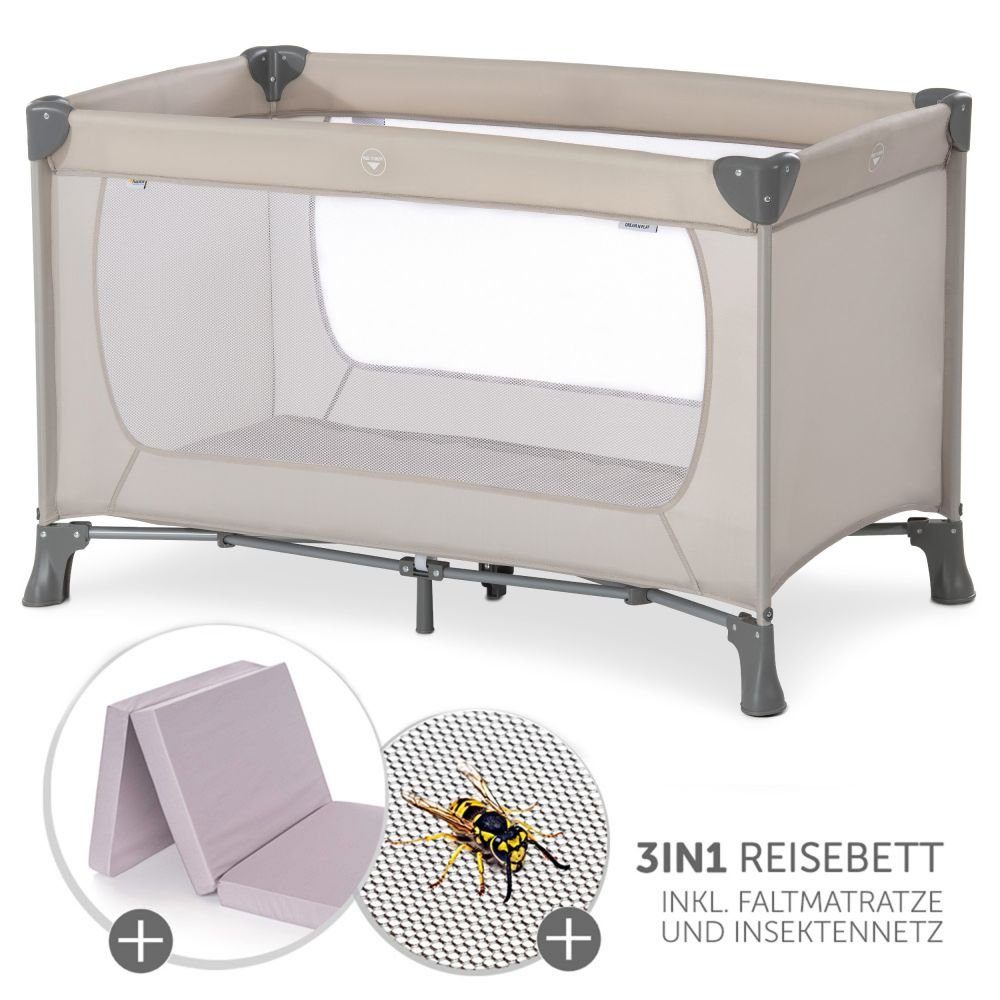 Hauck Baby-Reisebett Dream'n Play - Beige 120x60, 3-tlg., Kinderreisebett mit Matratze (6 cm Höhe), Moskitonetz & Tasche faltbar