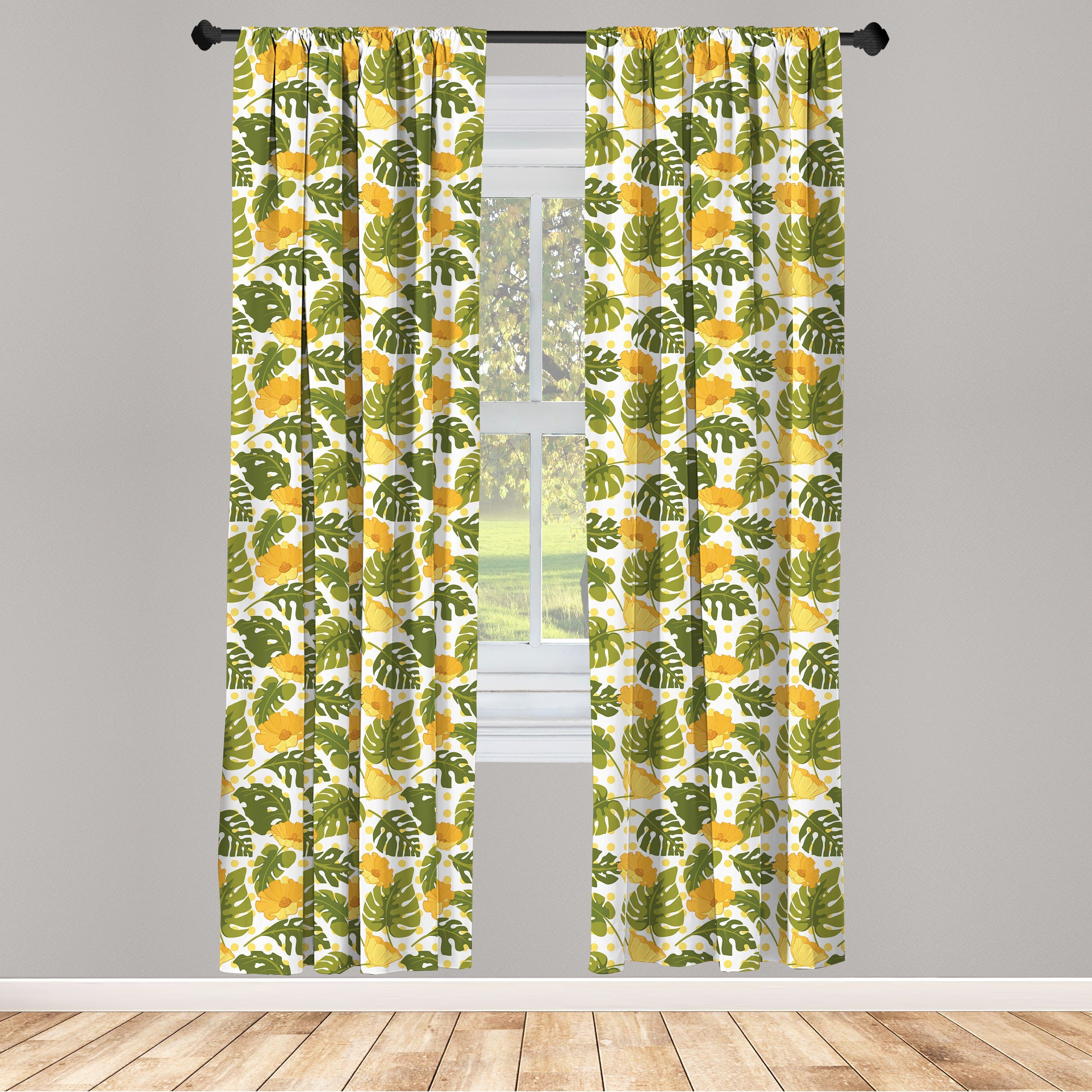 Gardine Vorhang für Wohnzimmer Schlafzimmer Blätter Dekor, Monstera Abakuhaus, Blätter und Blüten Microfaser