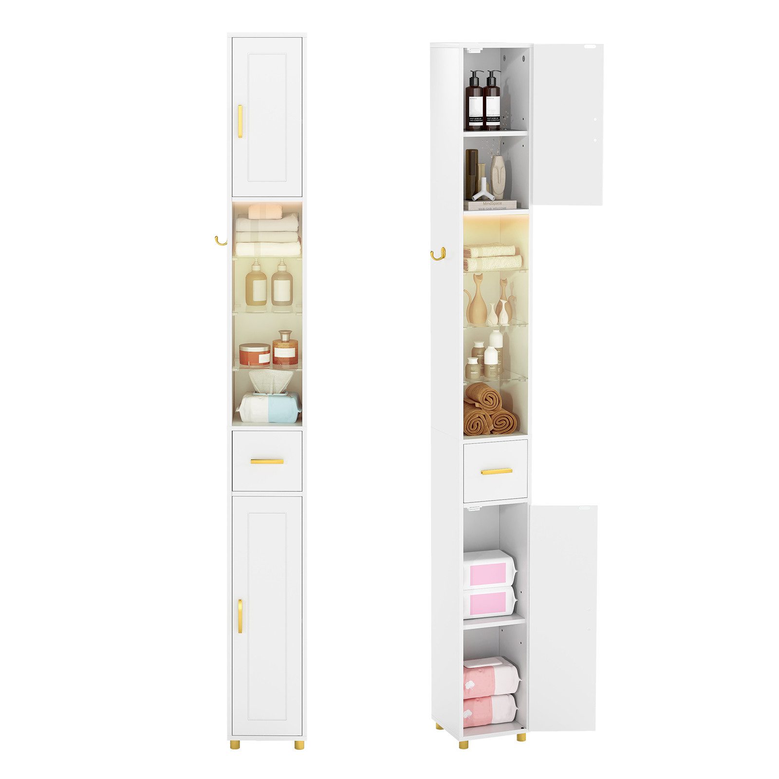 COSTWAY Badkommode, Hochschrank Bad mit Beleuchtung schmal 20x20x181cm