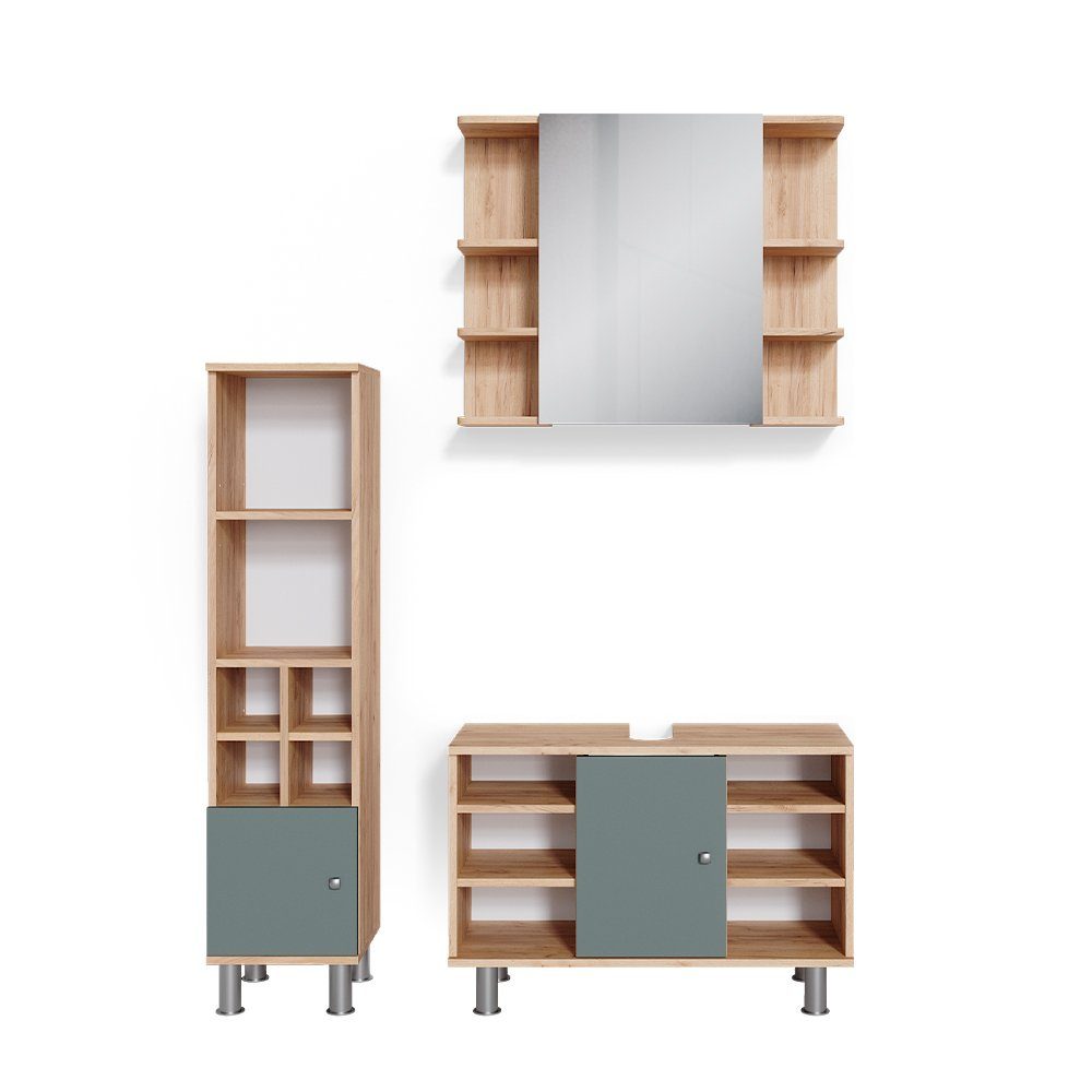 Vicco Badmöbel-Set Fynn, Grün/Goldkraft Eiche, 3 günstig online kaufen