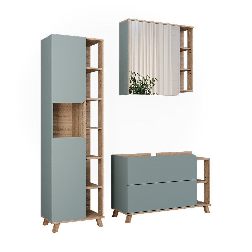 Vicco Badmöbel-Set Karen, Sonoma/Blau, 3 Teile, (3-St., 3er Set)