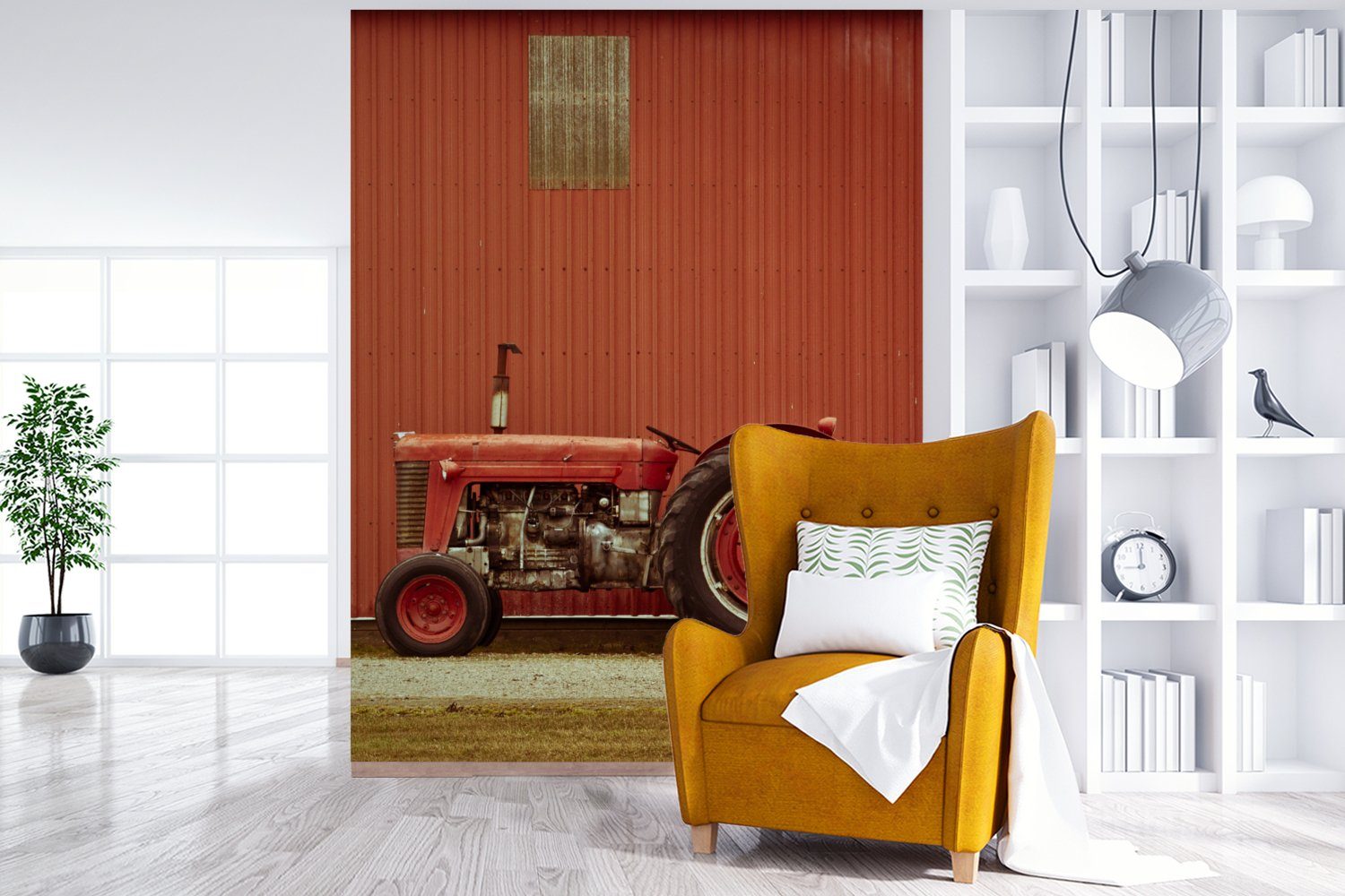Traktor - MuchoWow - Rot - Wandtapete Tapete Montagefertig Matt, bedruckt, St), (4 Wohnzimmer, Scheune Bauernhof, Vinyl Fototapete für