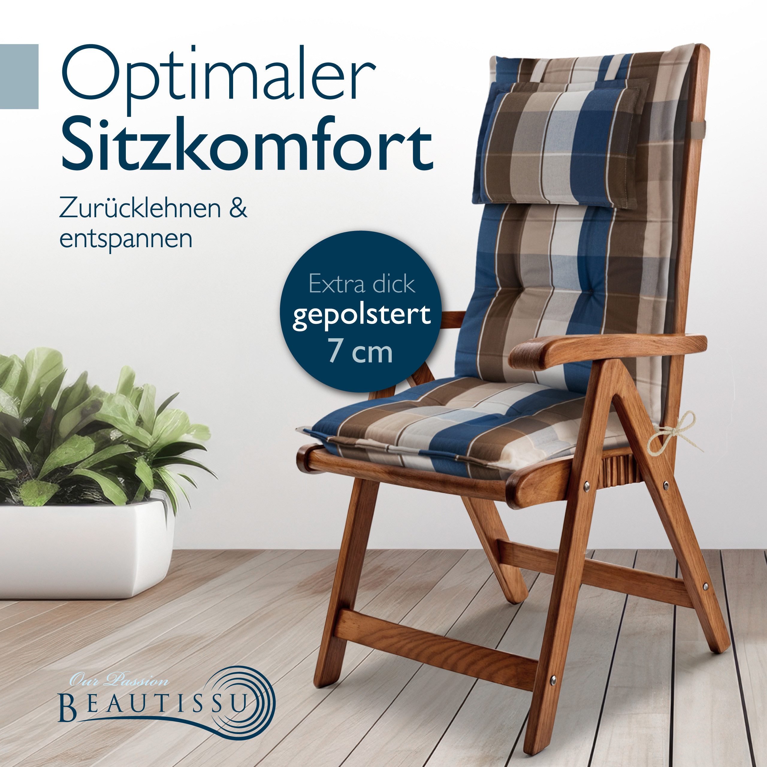 Beautissu Hochlehnerauflage 8x Premium Hochlehnerauflage 120x50x7cm, Braun-Blau-Kariert, Gartenstuhlauflage Hochlehner - Robuster Stoff & UV-Lichtechtheit