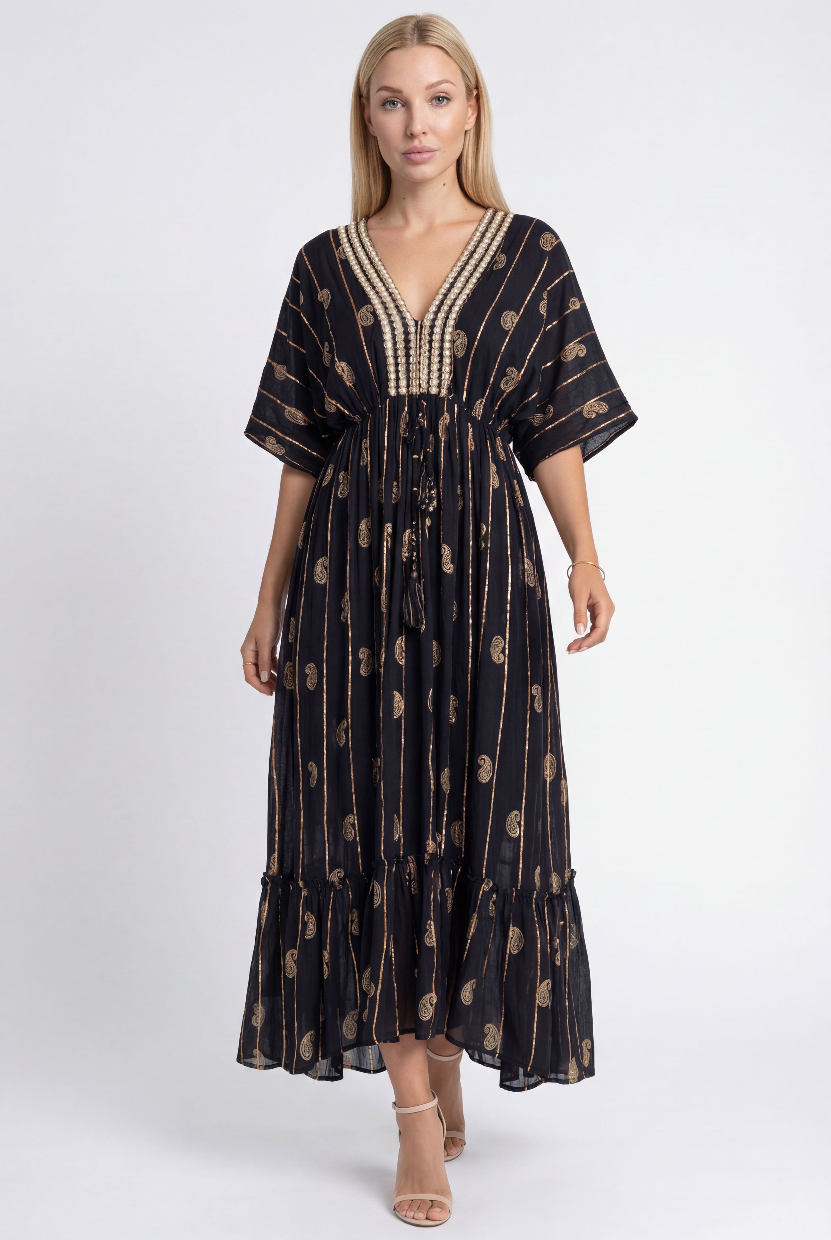 YC Fashion & Style Maxikleid Boho-Sommerkleid mit goldfarbenem Paisley-Print One Size 34-40 aus Visksose