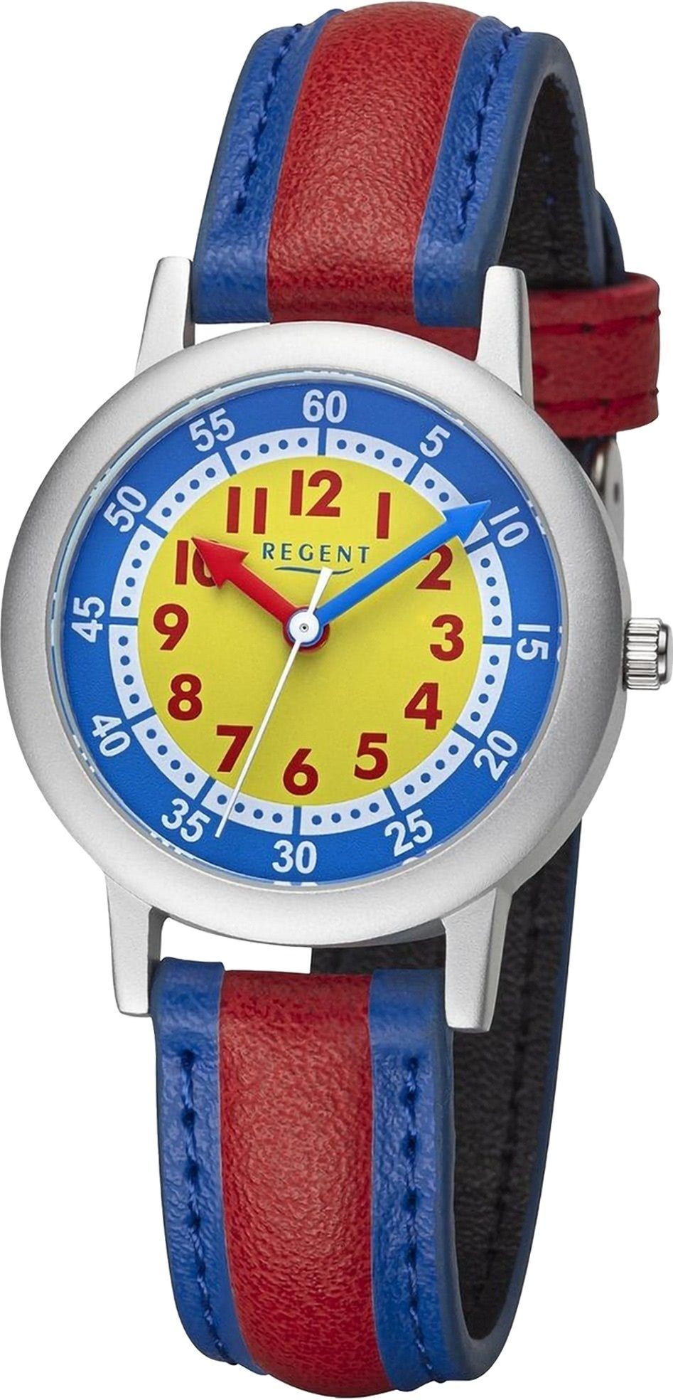 Regent Quarzuhr Regent Kinderuhr Armbanduhr Analog, Kinderuhruhr PURarmband blau, rot, rundes Gehäuse, groß (ca. 29,5mm)