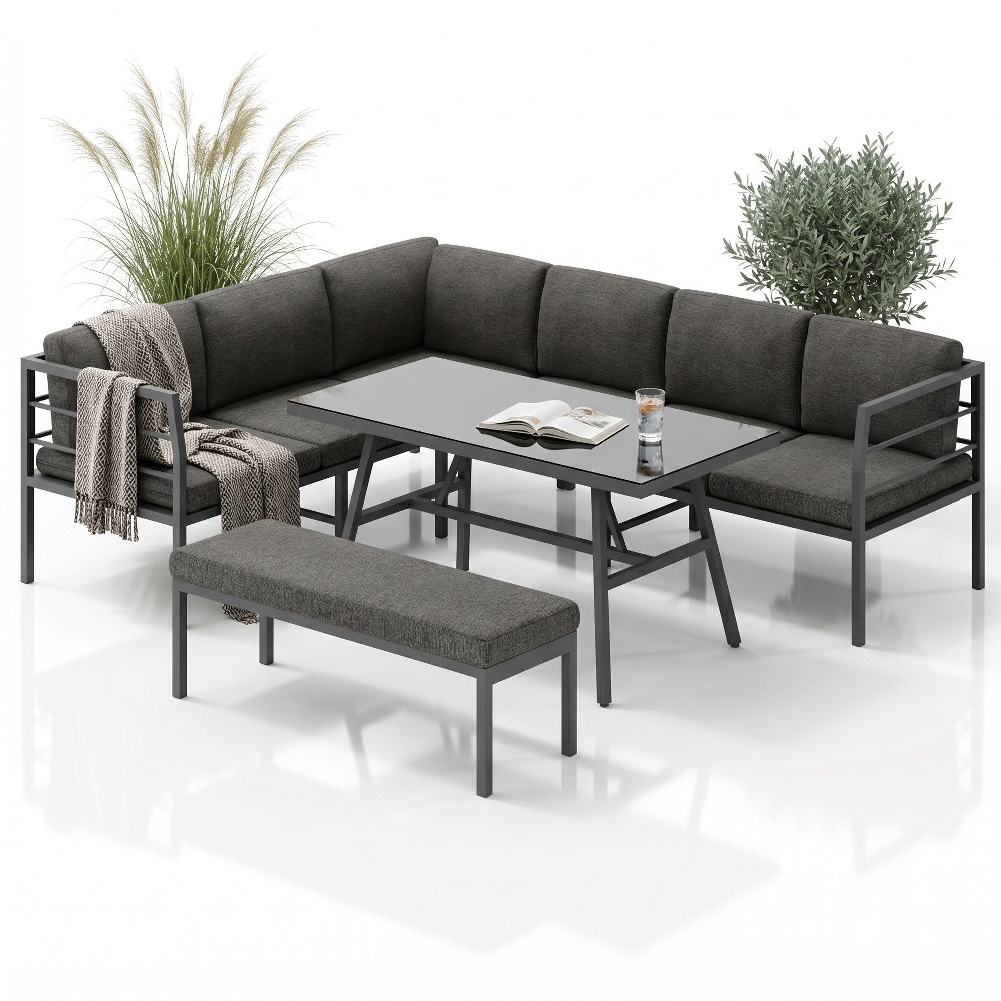 Mucola Gartenlounge-Set Gartenmöbel Set Ecklounge Aluminium Sitzgruppe wetterfest Essgarnitur, (wetterfest, resistent gegen Regen, Salzwasser und intensive Sonneneinstrahlung, 3-tlg., inkl. 6 wasserabweisende Sitz- und 7 Rückenkissen für mehr Komfort), und praktische Sitzbank und Tisch mit Glasplatte