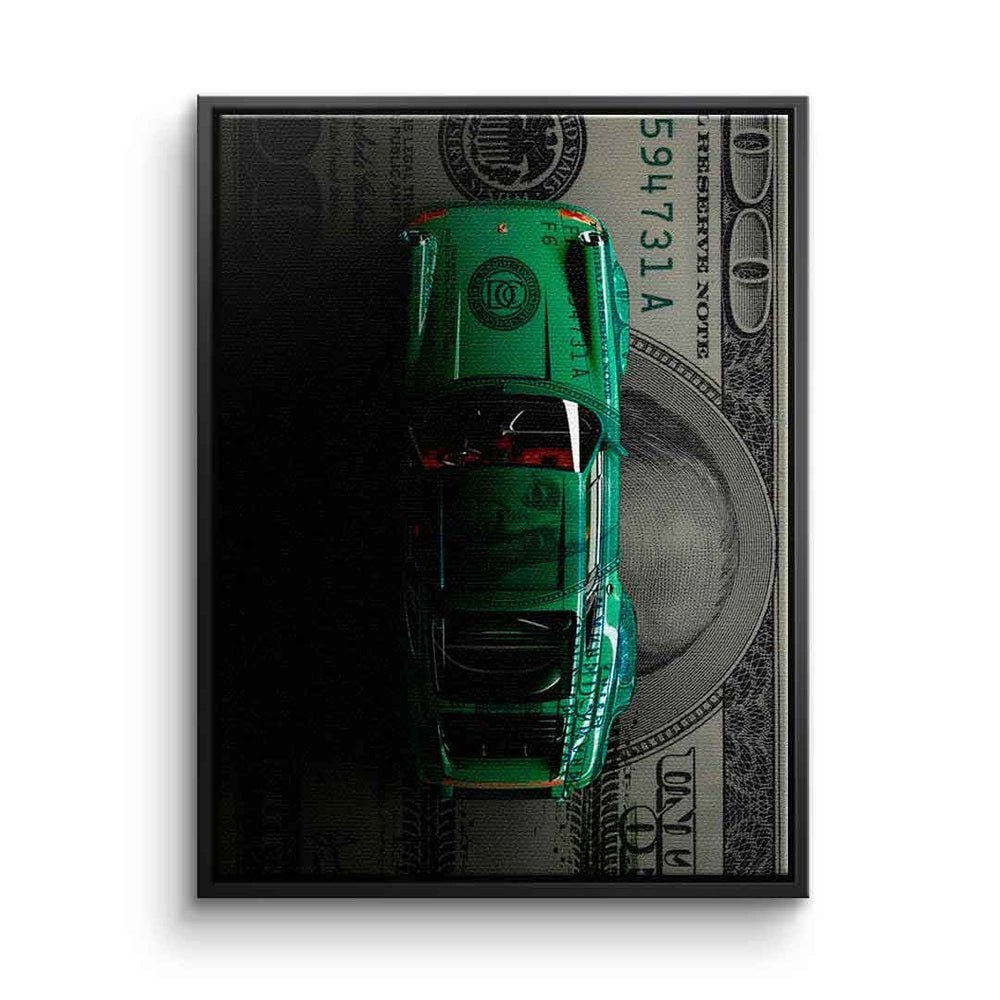 DOTCOMCANVAS® Leinwandbild, Leinwandbild Porsche green Dollar car Geld Motivation Erfolg schwarz g schwarzer Rahmen