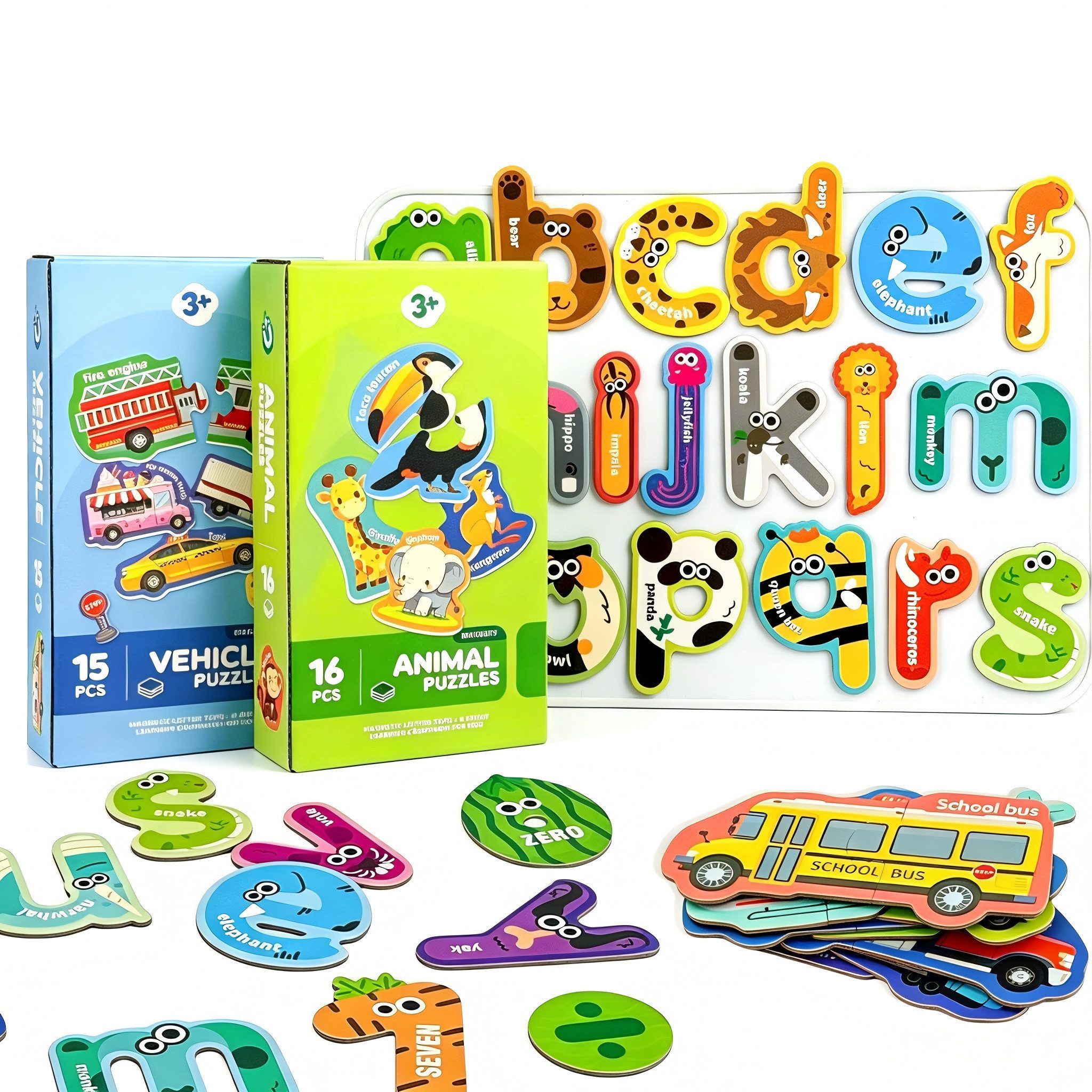 Fyrove Lernspielzeug Magnetspiel, Tiermagnete, Lernpuzzle für Kinder (Zuordnungsspiel, Kühlschrankspielzeug für Tiere und erstes Englisch), 16 Motive, 2-teilig, Karton, englische Tiernamen, Geschenkbox