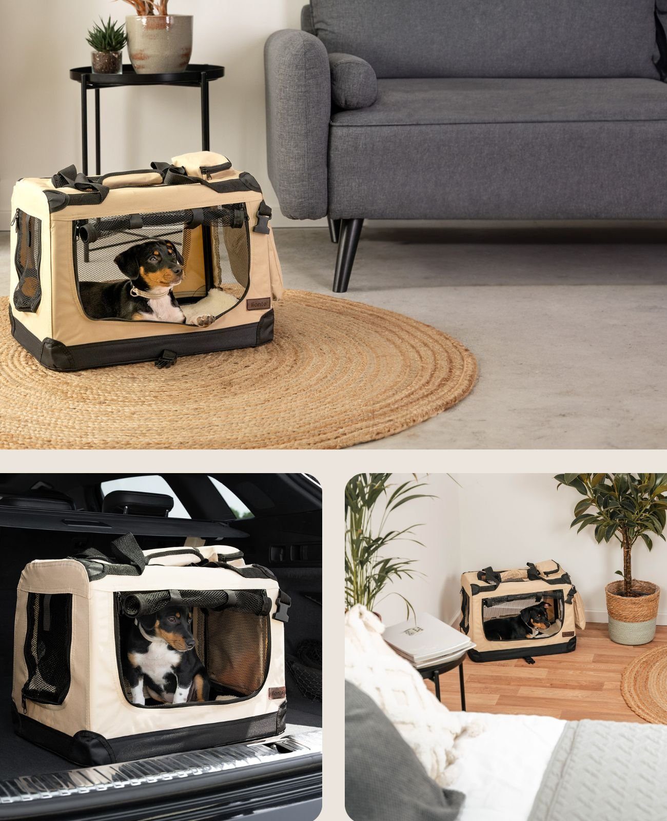 lionto Tiertransportbox stabil aus Textil, für Hunde und Katzen bis 10 kg, 50x36x34 cm, beige