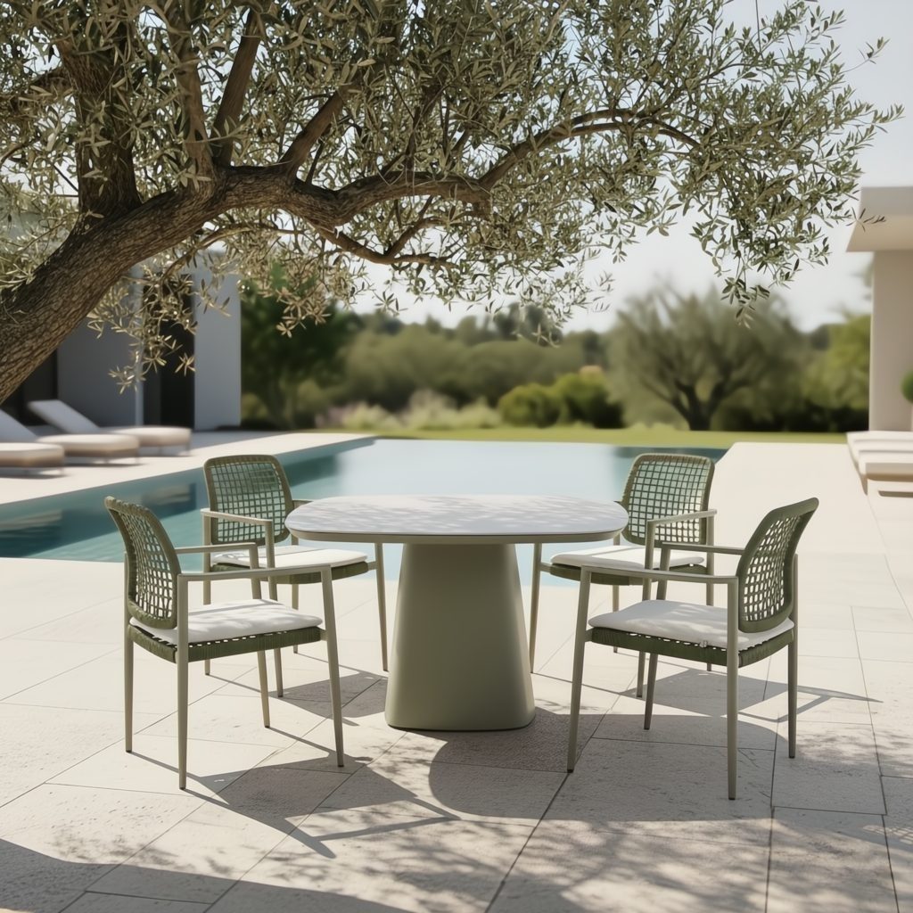 CASA DOMA Garten-Essgruppe Lavello/Lioni, Gartentisch 120x120 cm mit 4 Stapelstühlen, (Outdoor-Set, 5-tlg., Gartenmöbel-Set), Tischplatte Sinterstein, Aluminium moosgrün