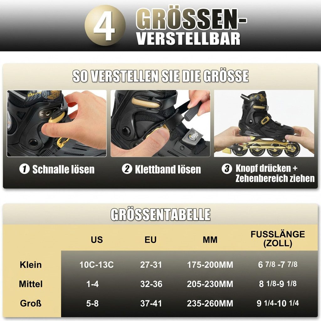 Nattork Inlineskates für Kinder und Erwachsene, 4 Größen verstellbare Inliner, mit Renndesign für Damen & Herren, (Größe M: 32-36 EU / 205-230 mm)