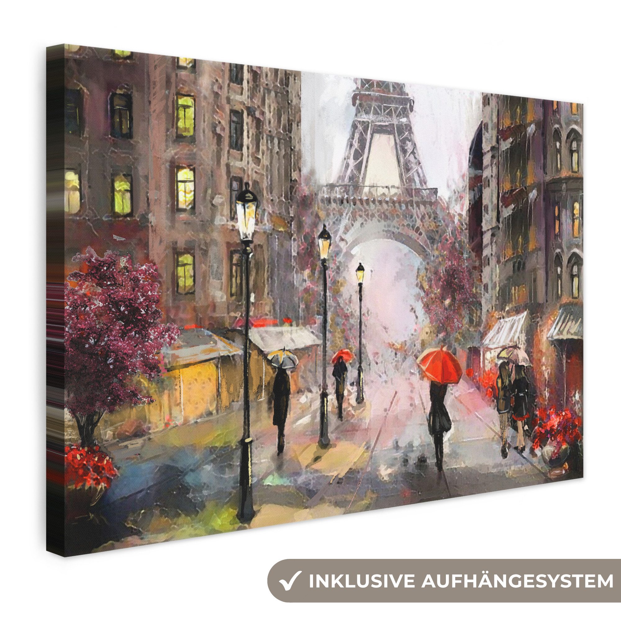 OneMillionCanvasses® Leinwandbild Kunstdrucke - Paris - Eiffelturm - Regenschirm - Ölfarbenoptik, Fotodruck (1 St), Leinwand Bilder Klein, Wand Dekoration Aesthetic 30x20 cm