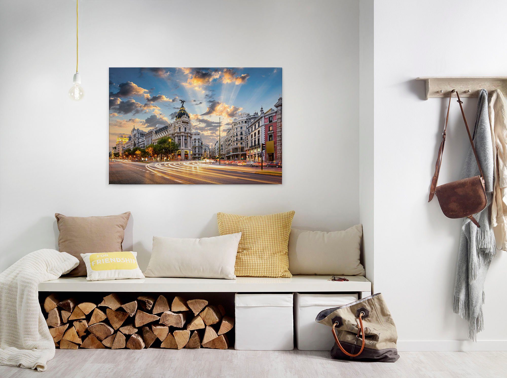 A.S. Création Leinwandbild Gran Via, Gemälde, Kinder, Kunst (1 St), Madrid Keilrahmen Großstadt Spanien Leinwand-Bild Wohnzimmer modern