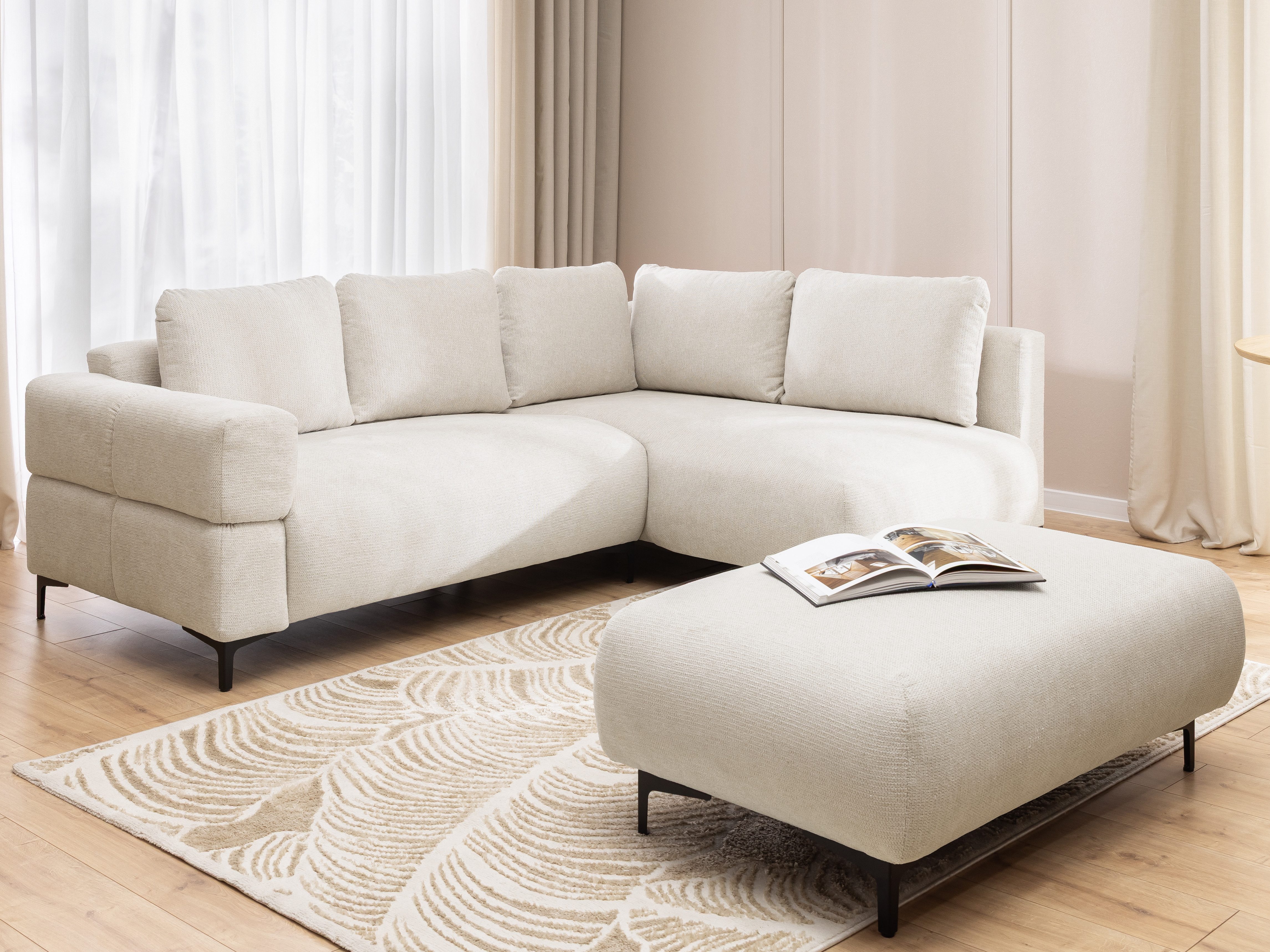 S-Style Möbel Ecksofa und Hocker Cardea mit Schlaffunktion in Bubble-Optik, aus weichem Strukturstoff, mit Wellenfederung