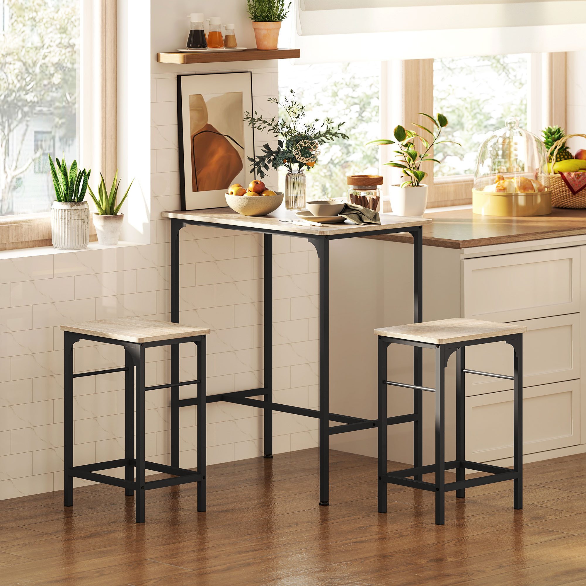 HOMCOM Bargruppe Bartisch Set mit Barhocker-Set, Esstisch mit 2 Stühlen, Grau, (Set, 3-tlg., Tisch mit 2 Hockern), Hocker unter Tisch schiebbar