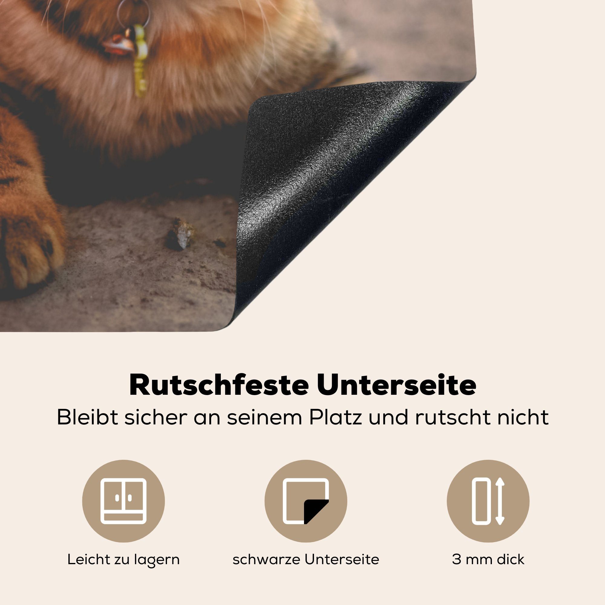 60x52 Arbeitsfläche Vinyl, nutzbar, Mobile - - Kleid Herdblende-/Abdeckplatte cm, Ceranfeldabdeckung tlg), Katze MuchoWow Halsband, (1