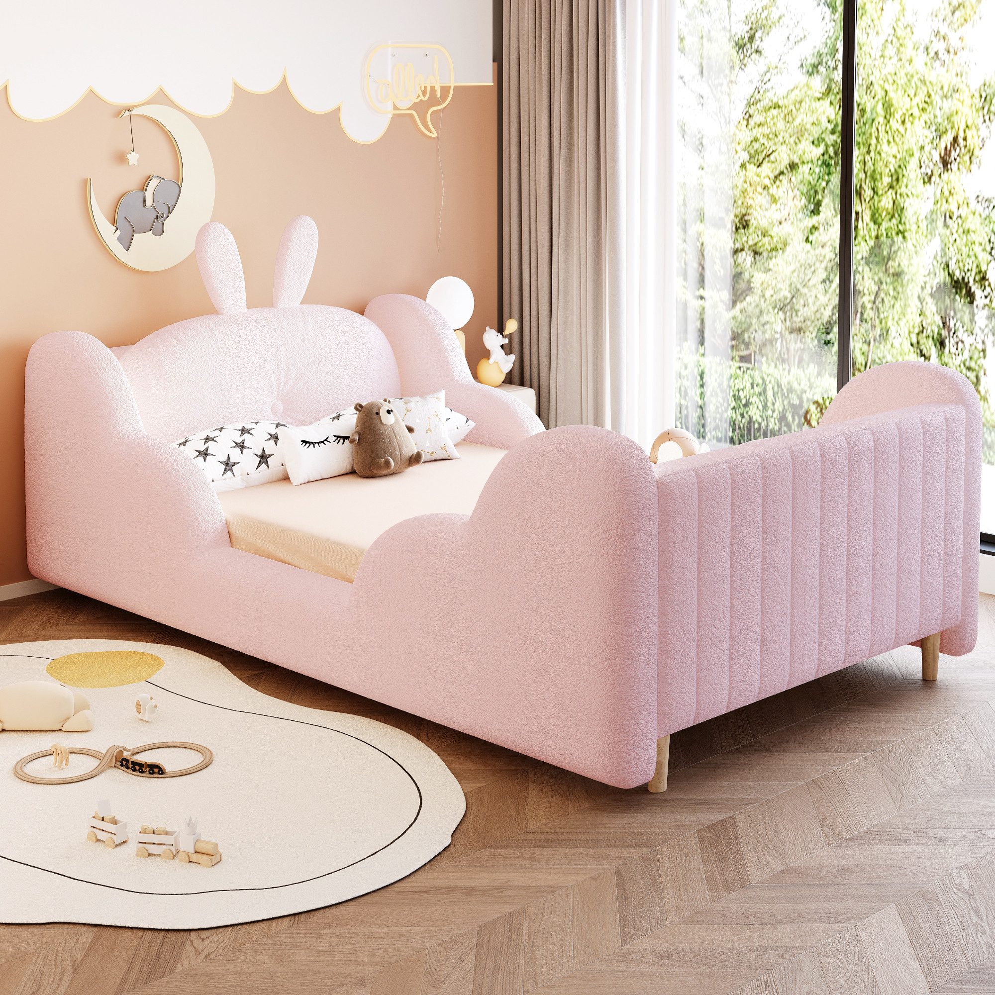 Merax Polsterbett (1-tlg., gepolstertes Plattformbett Bodenbett aus Teddysamt), Kinderbett 90x200 mit Lattenrost, Kaninchenkissen und Rausfallschutz